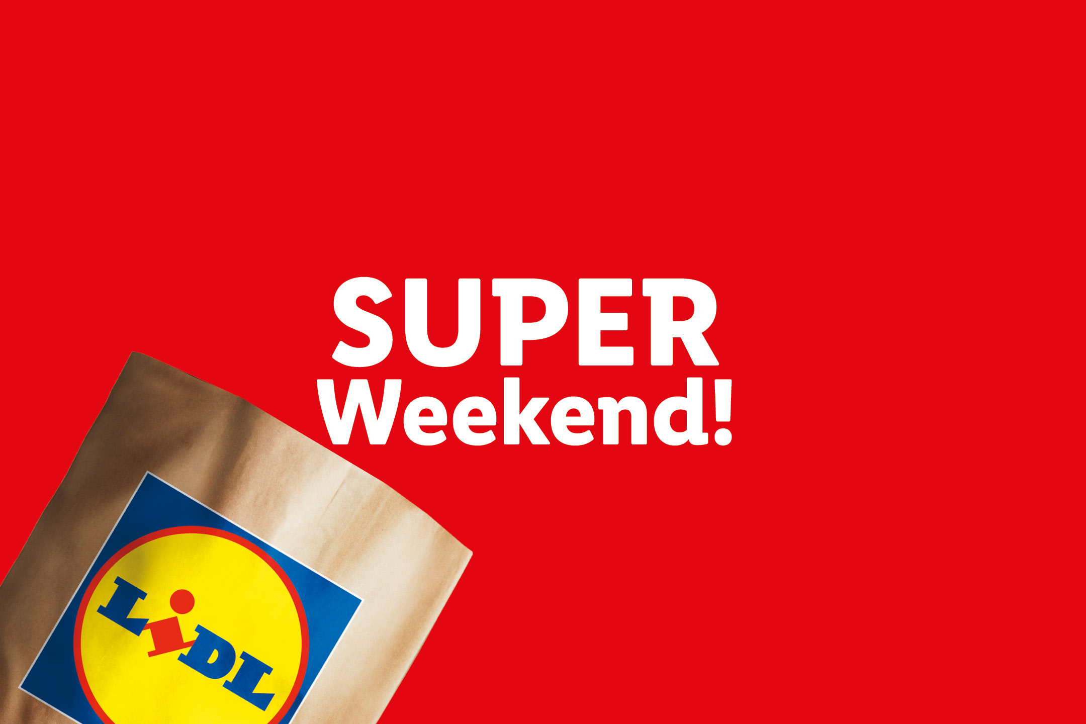 Lidl paper bag on a red background with text 'SUPER Weekend!'