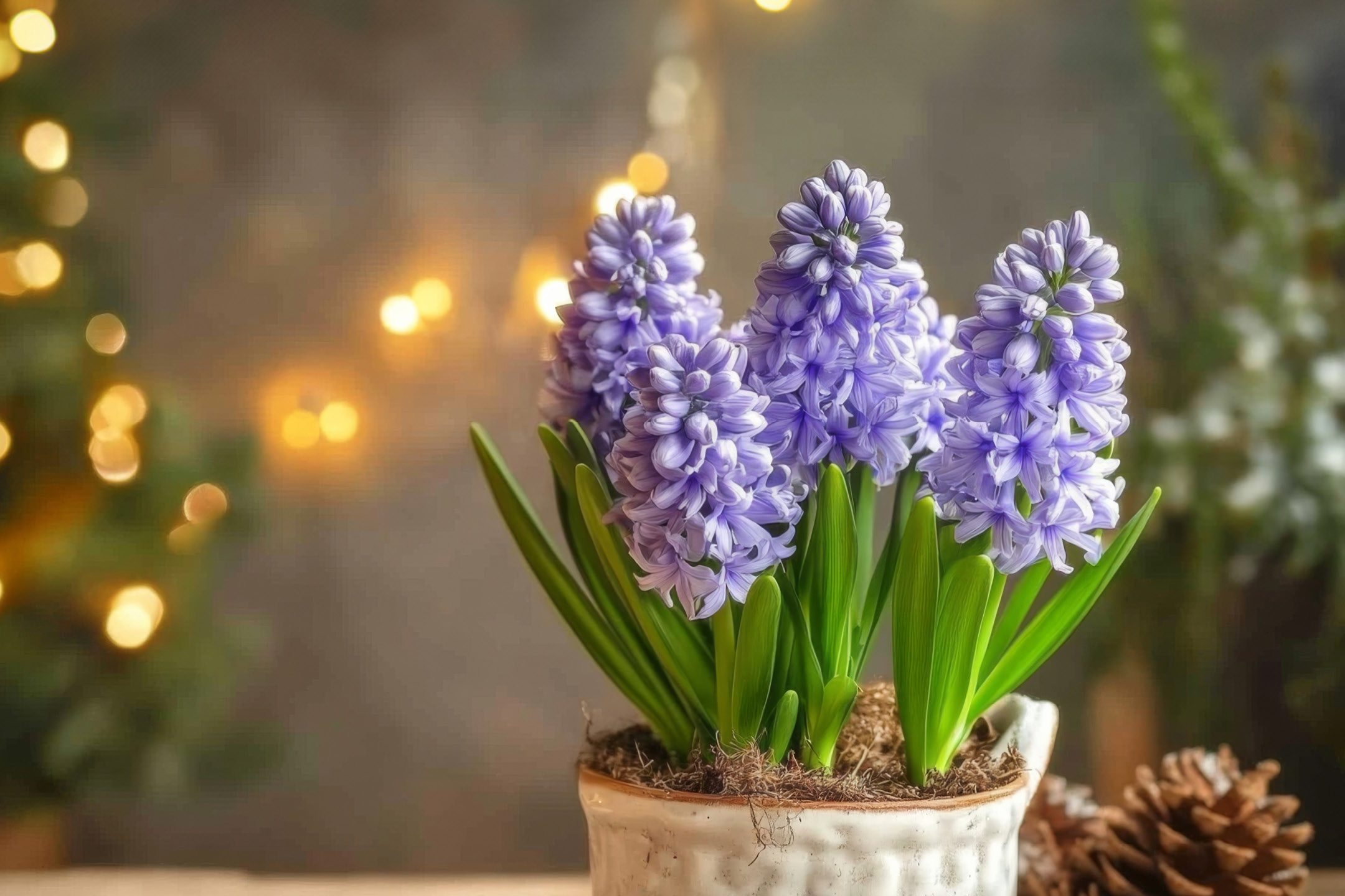 Potted purple hyacinths with green leaves, festive lights, and a pinecone.