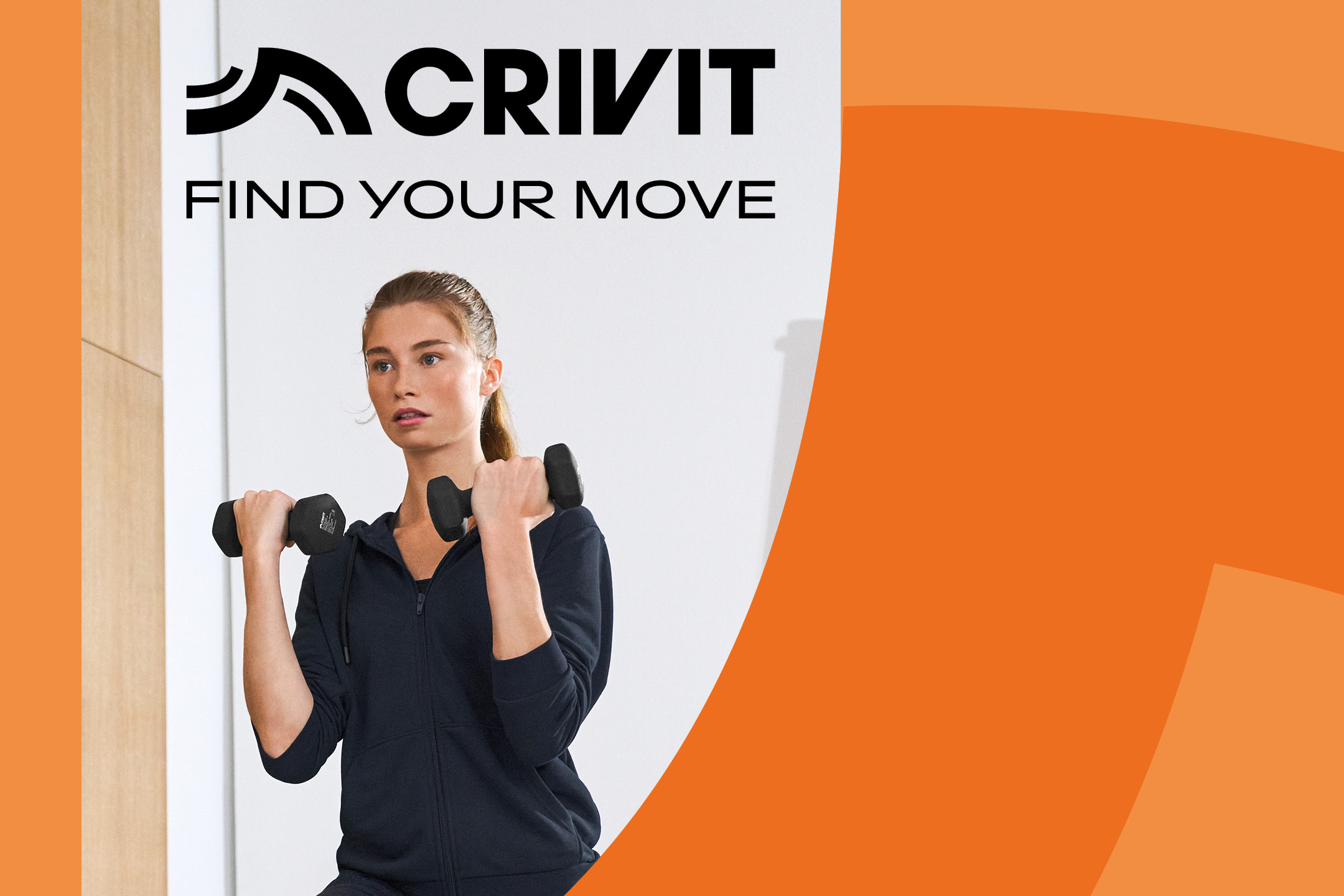 Crivit logo, 'FIND YOUR MOVE' text, and a woman exercising with dumbbells.