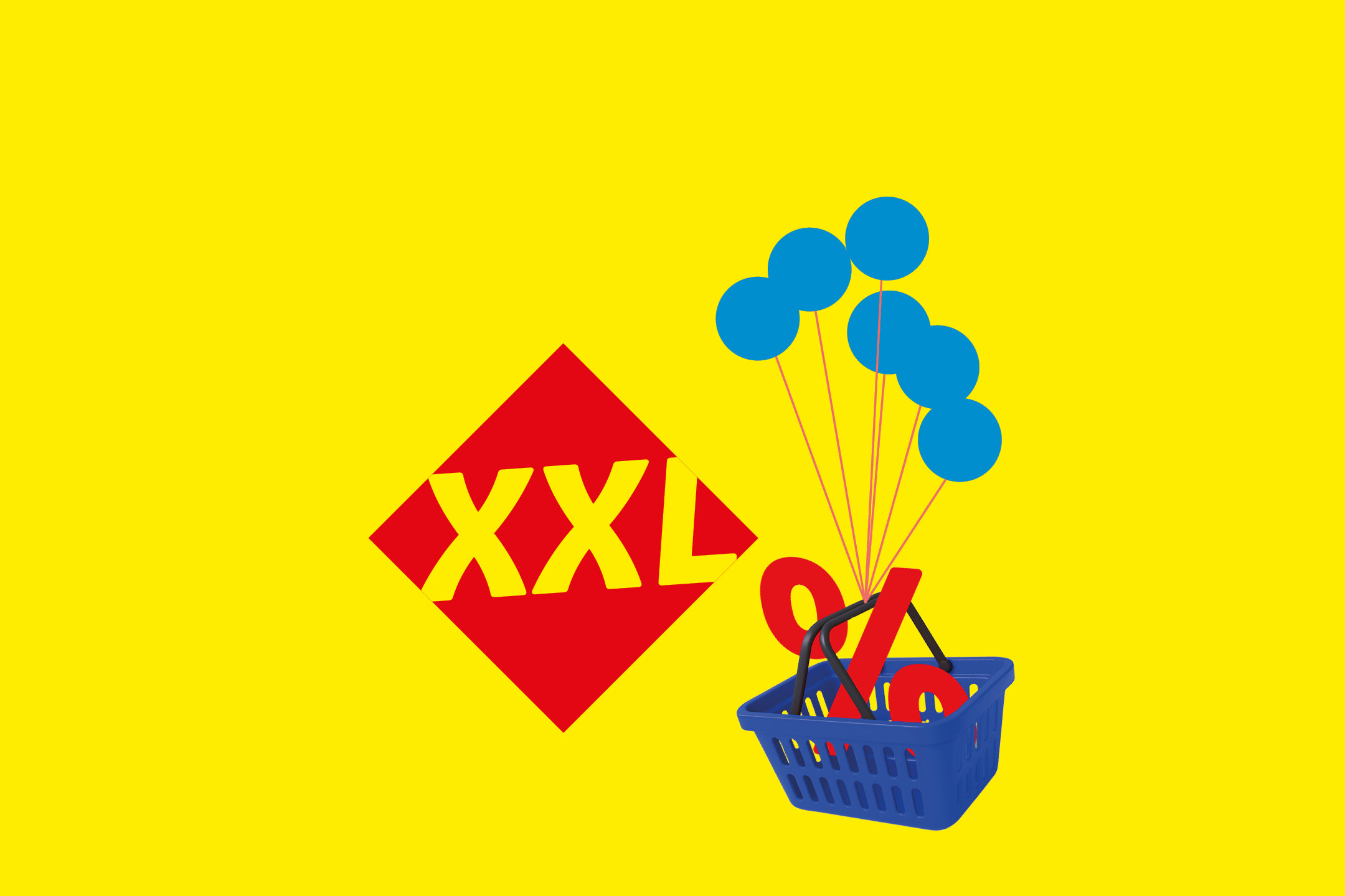 XXL logo, shopping basket with percentage sign and balloons on yellow background.