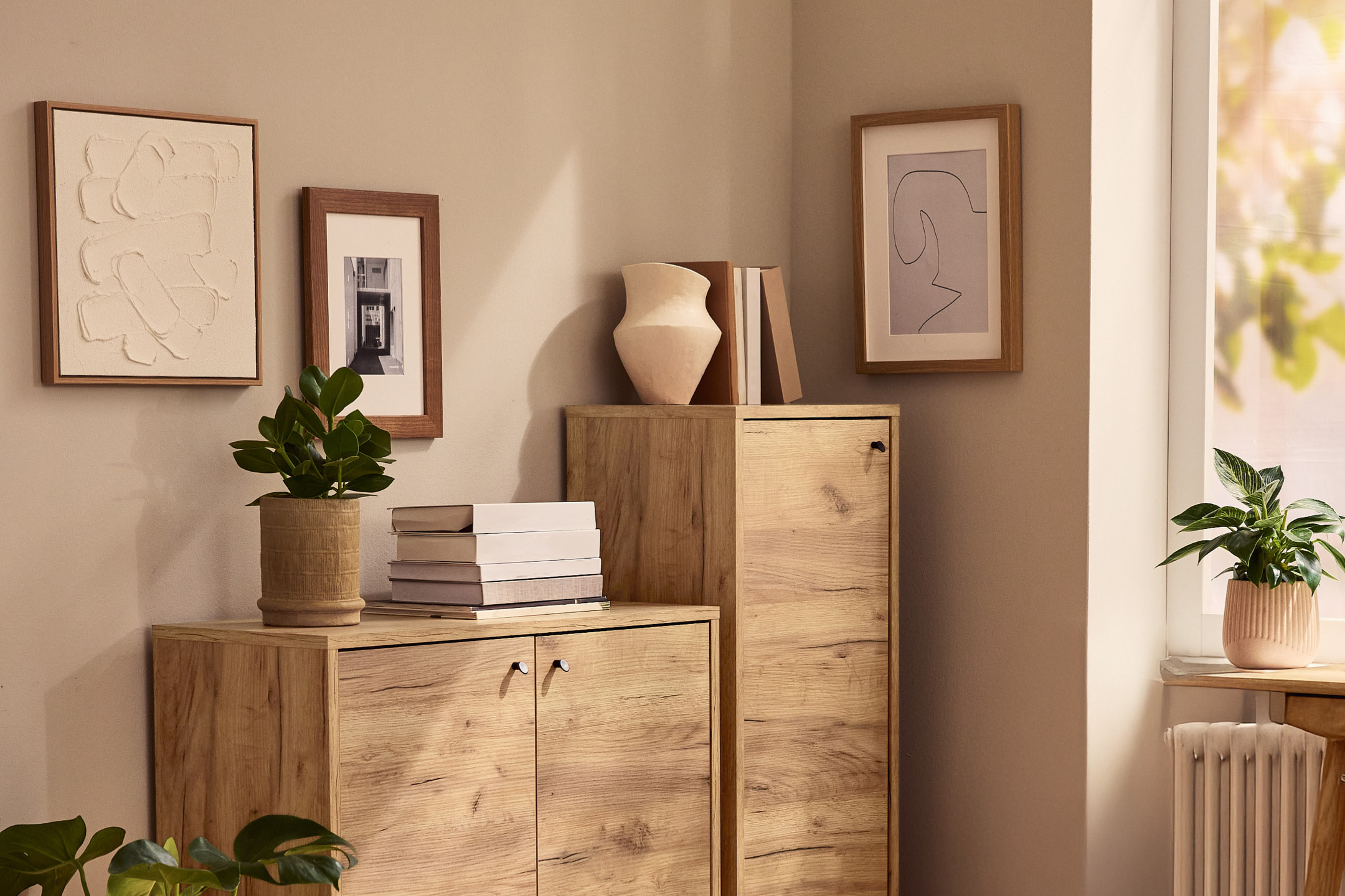 Wooden cabinets with plants and framed art in a cozy living room.