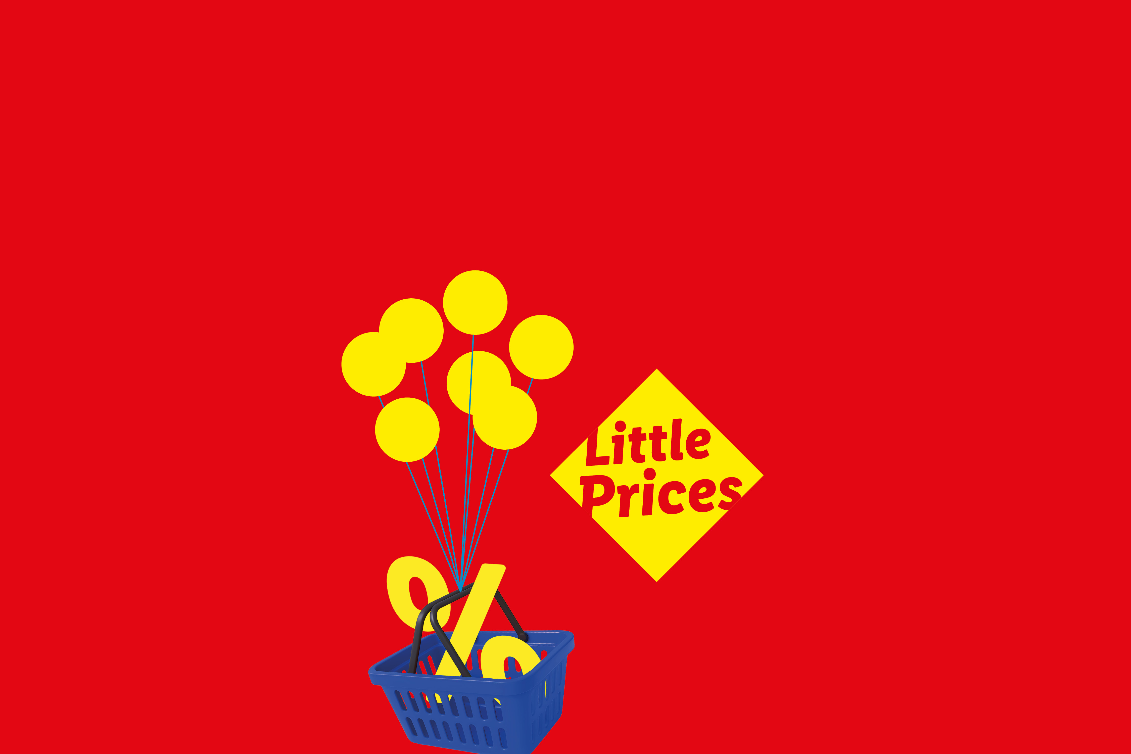 A blue shopping basket with a large yellow percentage sign, balloons, and a 'Little Prices' sign on a red background.