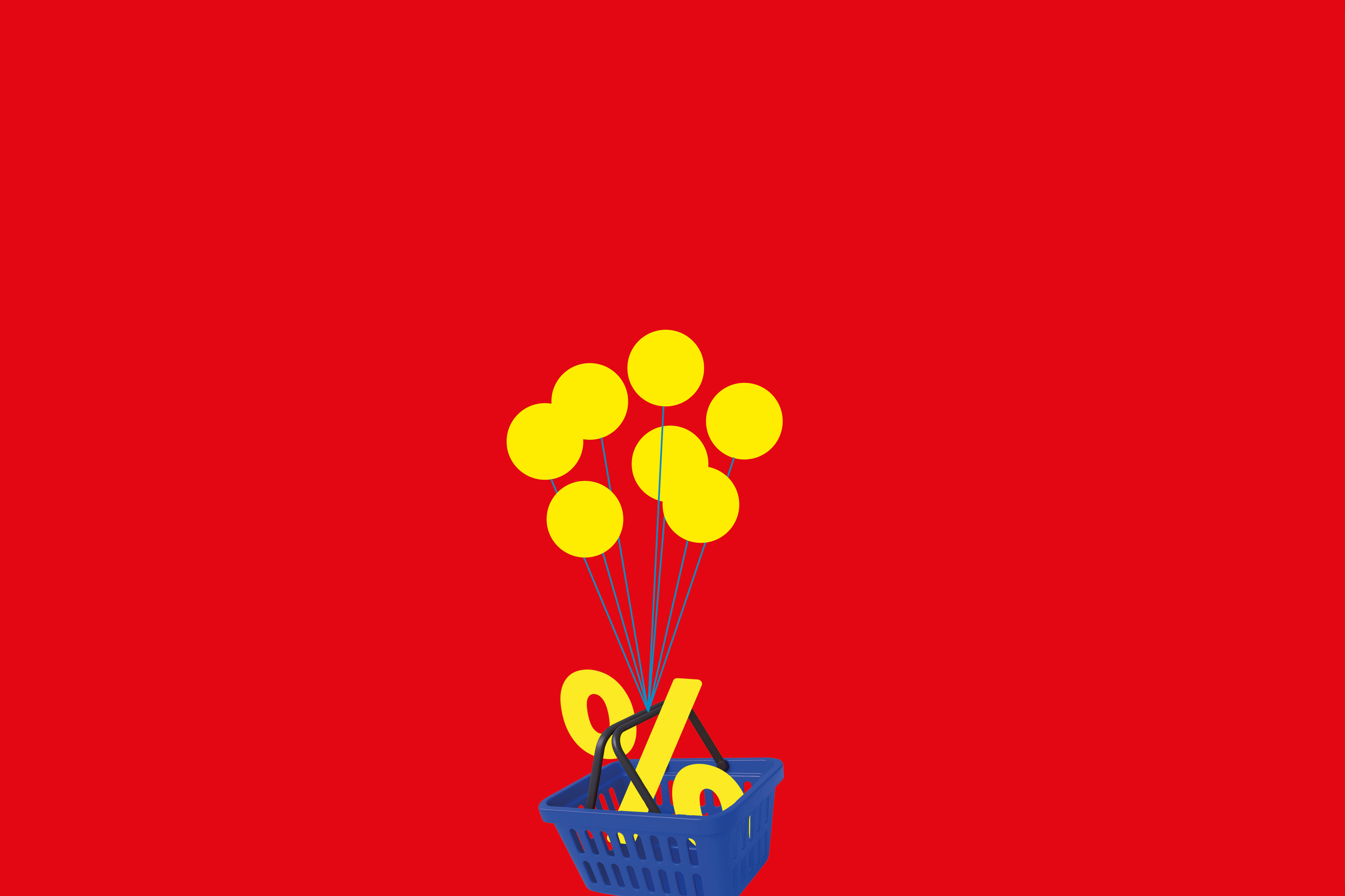 Blue shopping basket with a yellow percentage sign and yellow balloons on a red background.