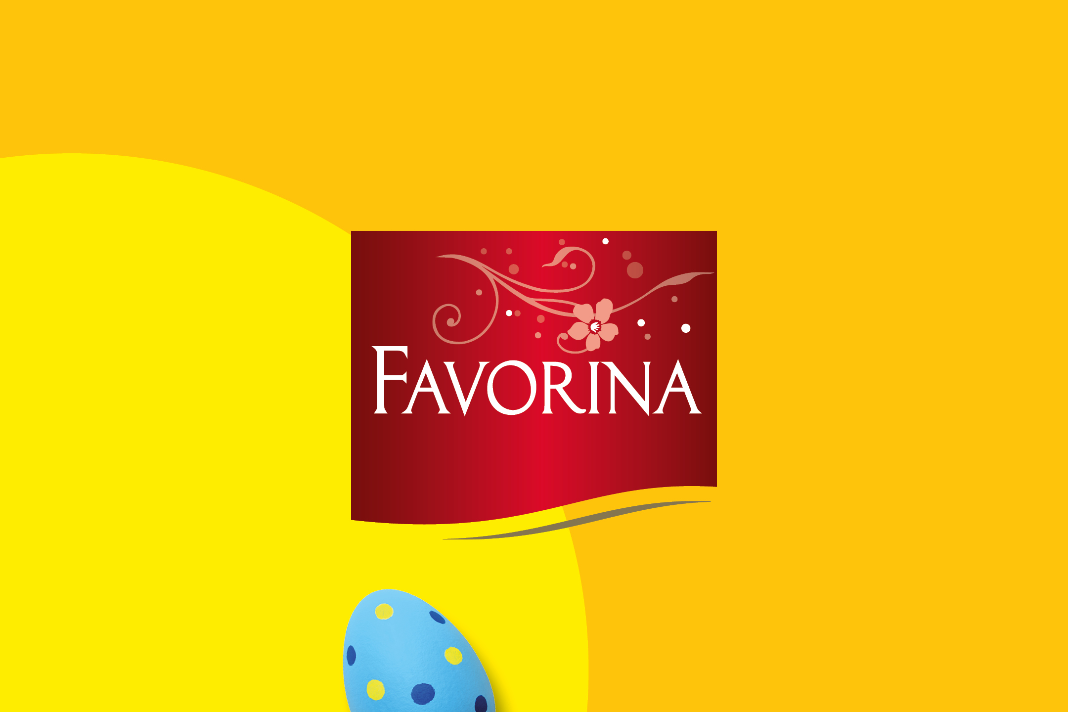 Red banner with decorative floral elements and text, on a yellow background with a blue Easter egg.
