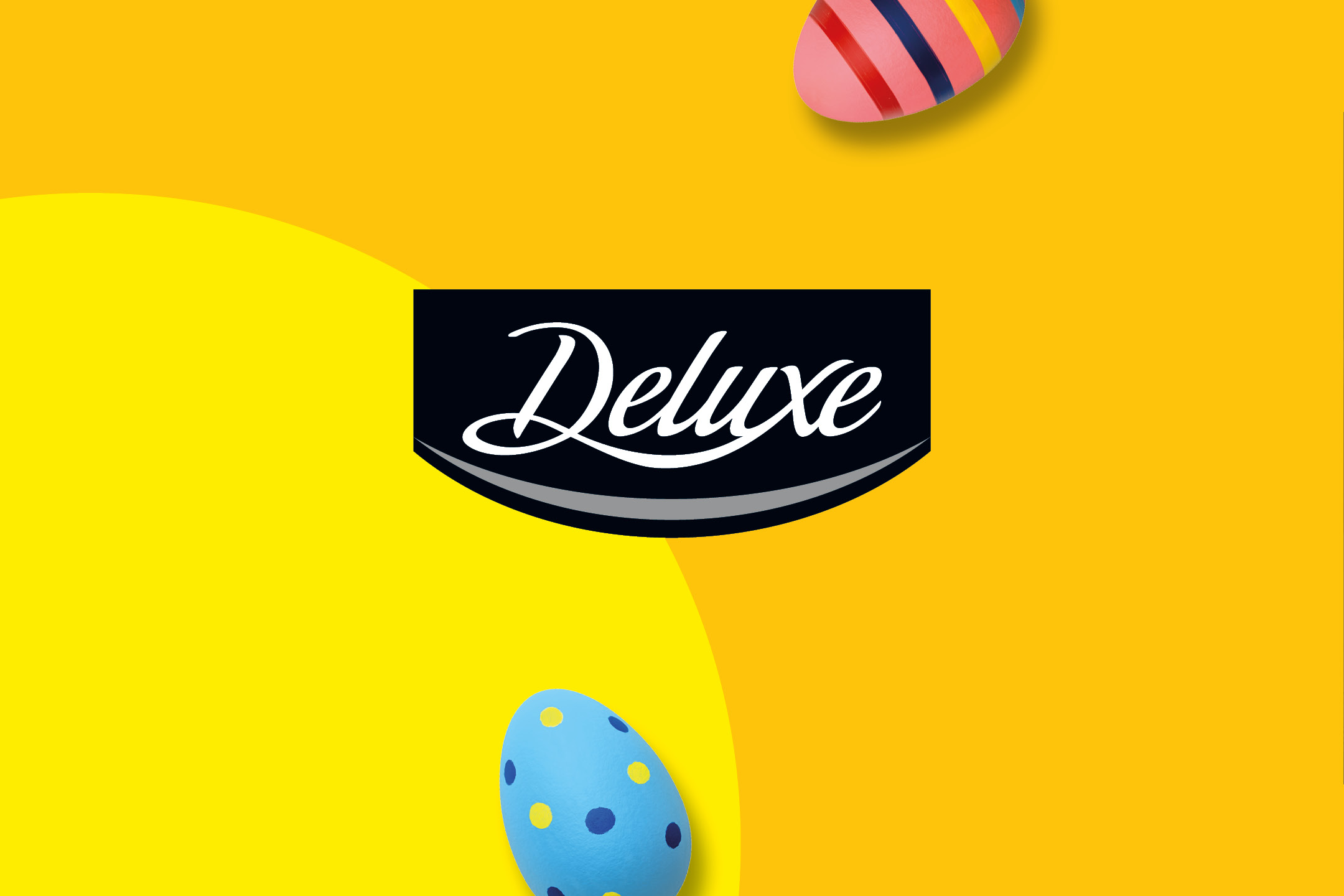 Easter eggs on a yellow background with a black logo.
