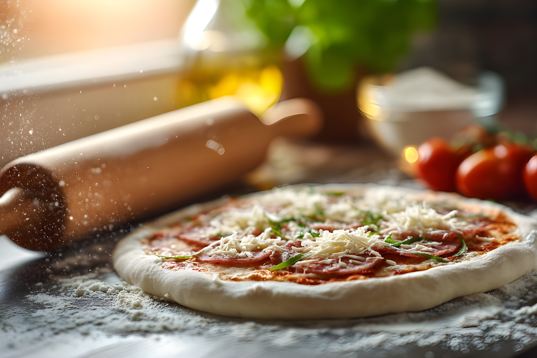 Uncooked pizza with salami, cheese, and basil, with flour and a rolling pin.