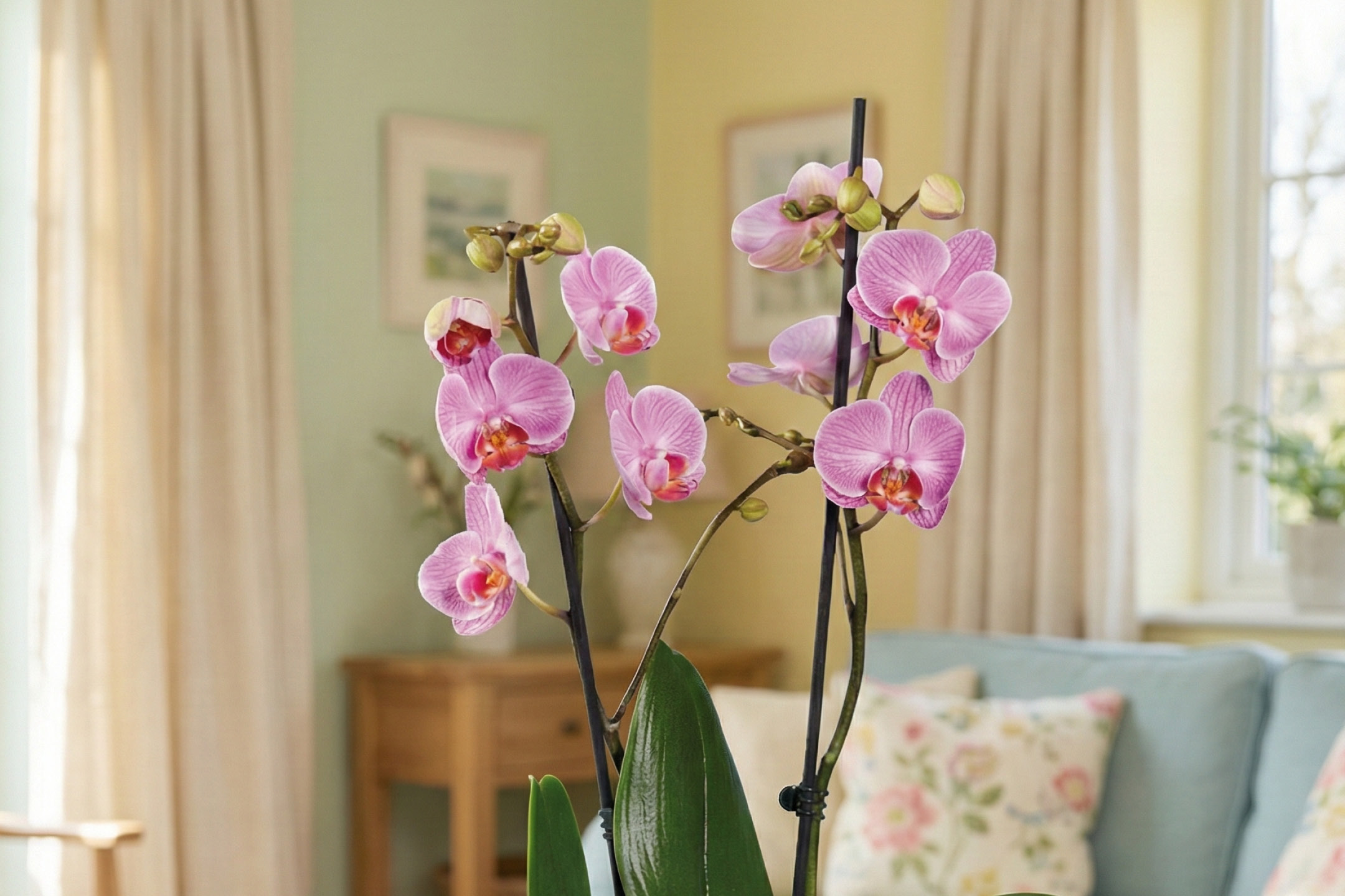 Pink orchids in a living room with light green and yellow walls, and a blue sofa.