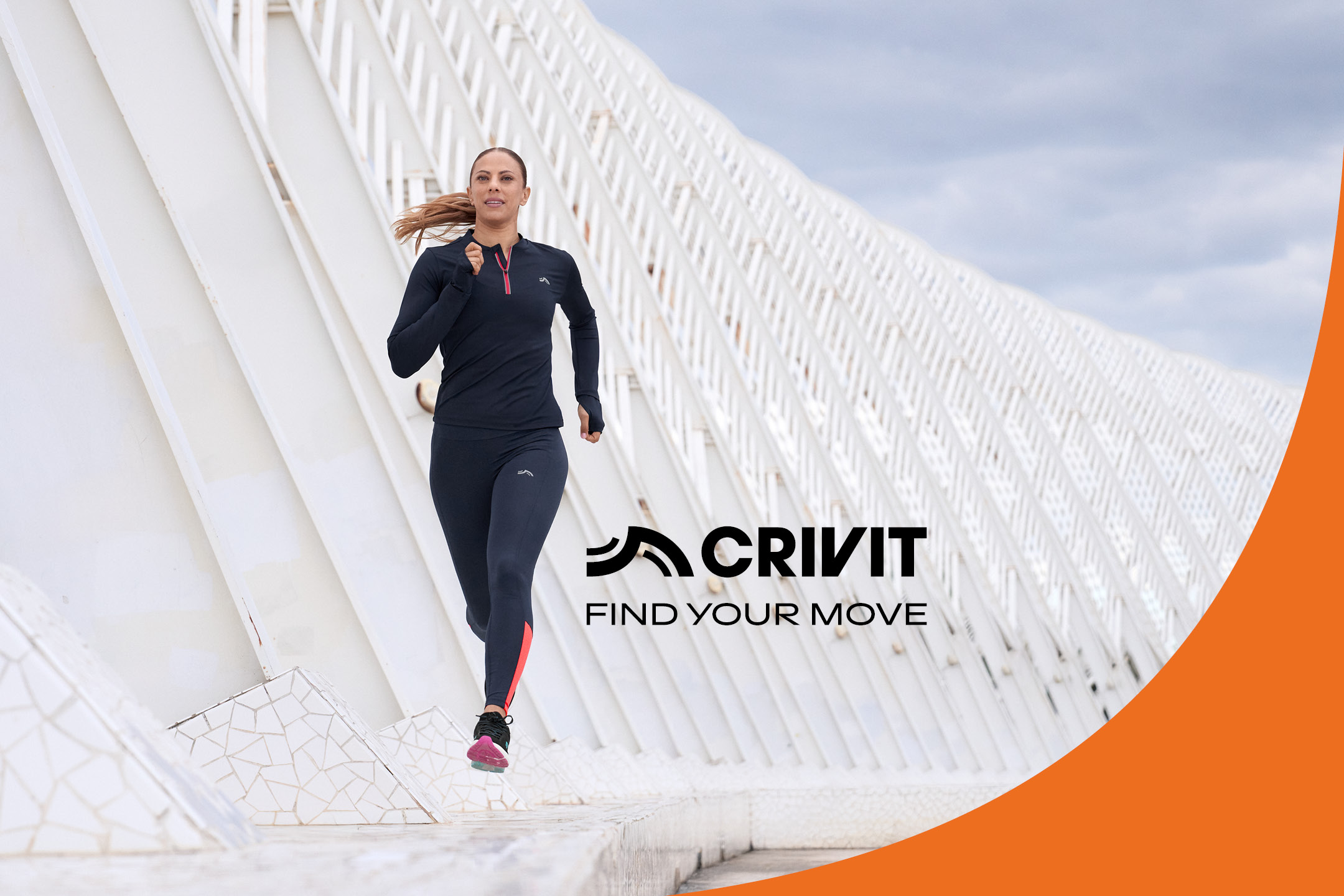 Woman in black activewear running outdoors, with text 'FIND YOUR MOVE'.