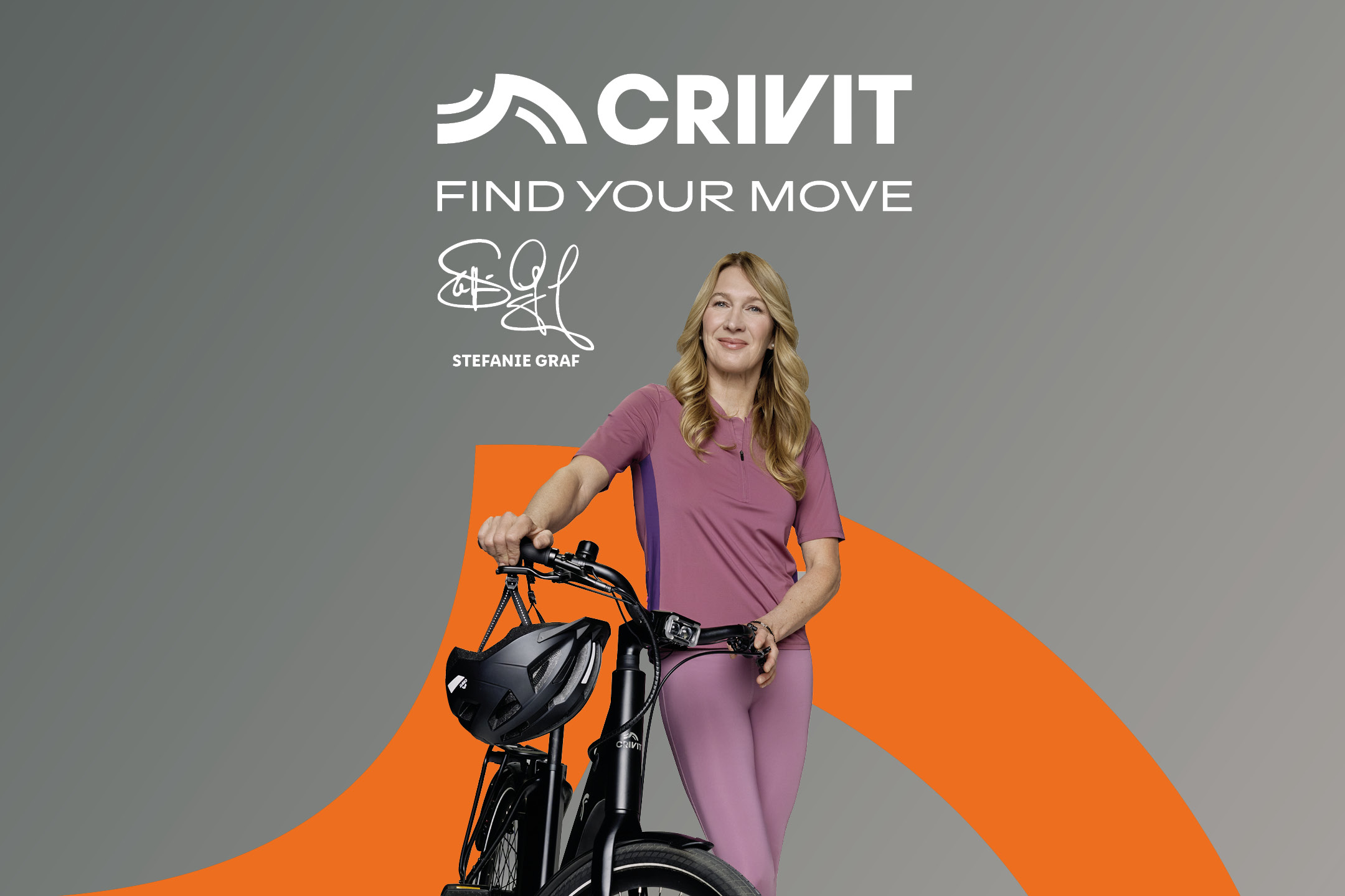 Woman in activewear with a bicycle and helmet, with text: 'FIND YOUR MOVE'