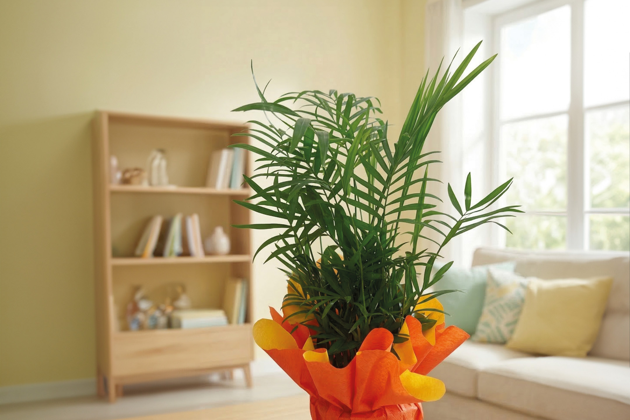 Potted green plant in orange and yellow wrapping, with a bookshelf and sofa in the background.