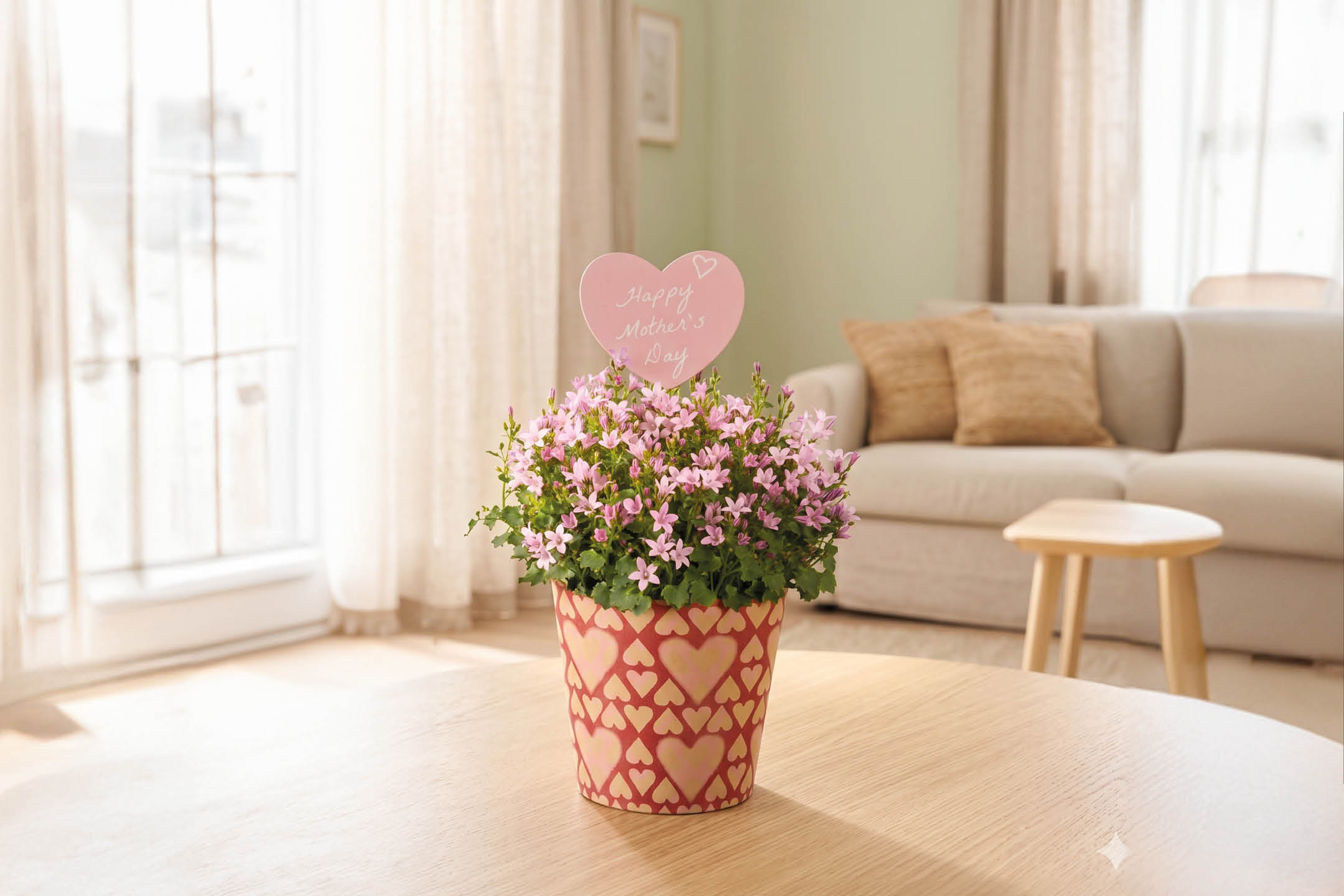 Potted pink flowers with a 'Happy Mother's Day' heart sign on a wooden table in a living room.