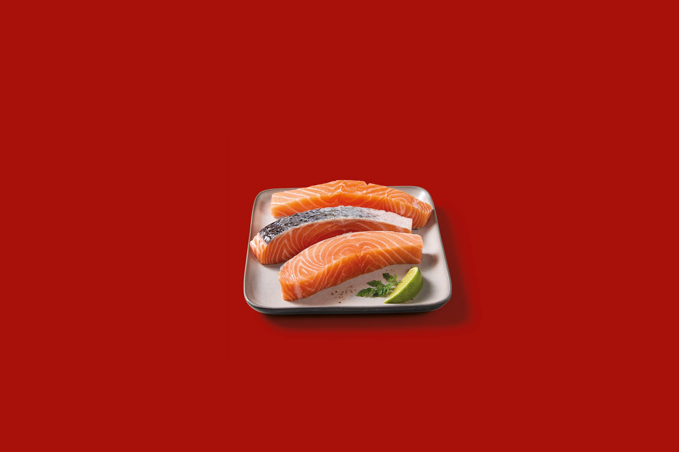 Fresh salmon fillets with lime and herbs on a white plate against a red background.