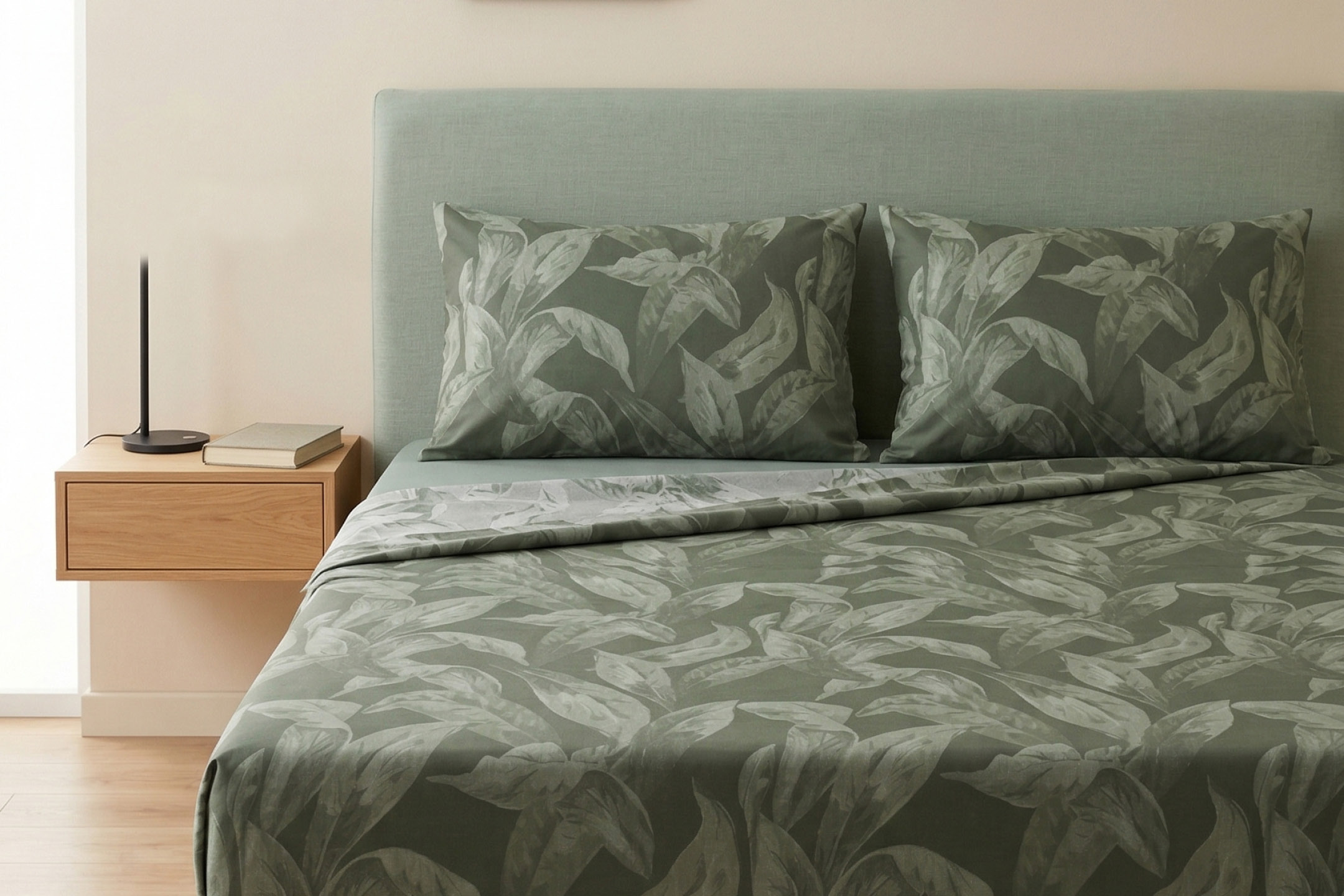 Bedroom with green leaf-patterned duvet cover and pillows, light green headboard, and wooden nightstand.