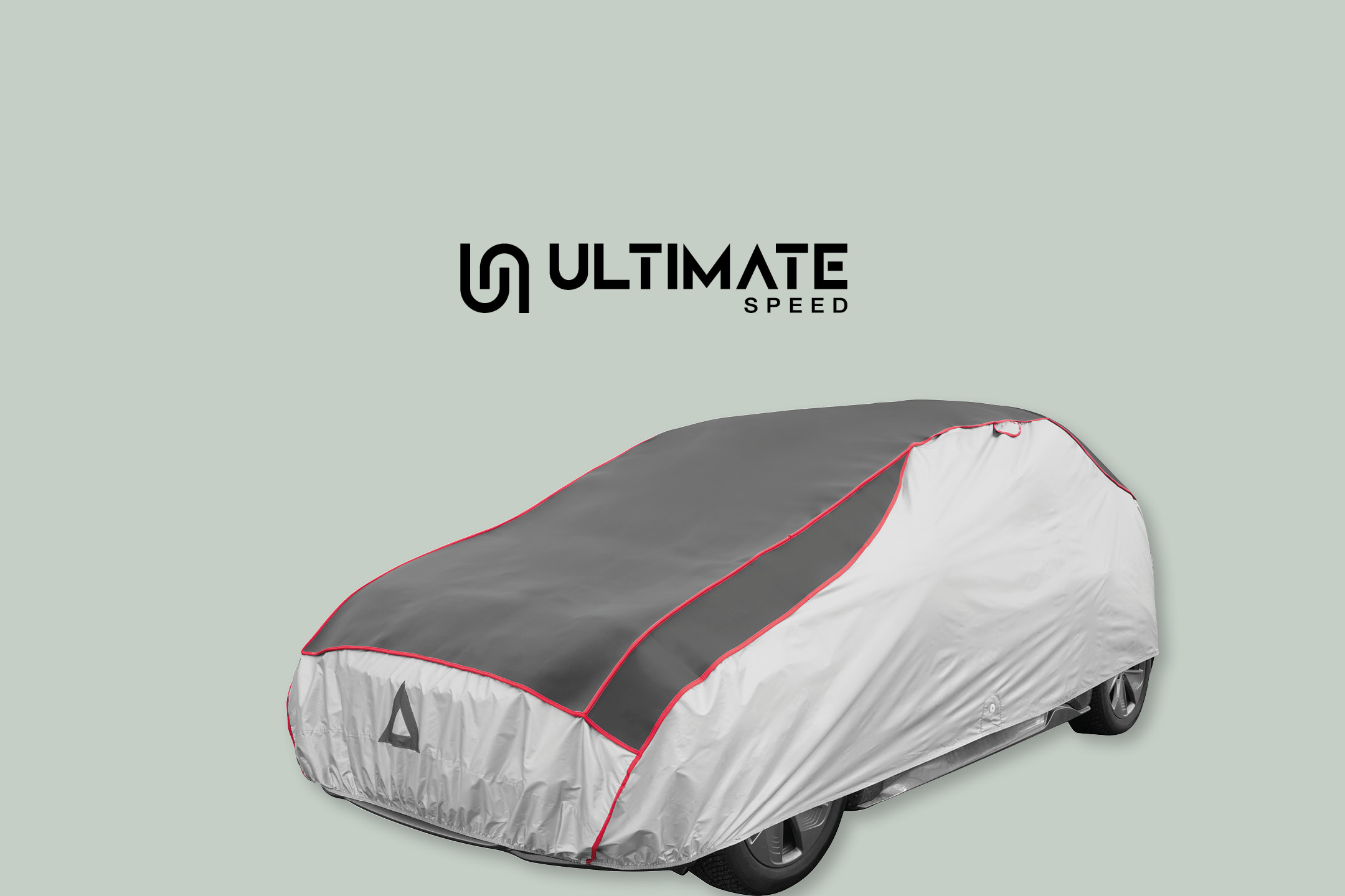 Car cover with a dark grey top and light grey sides, outlined with red piping.