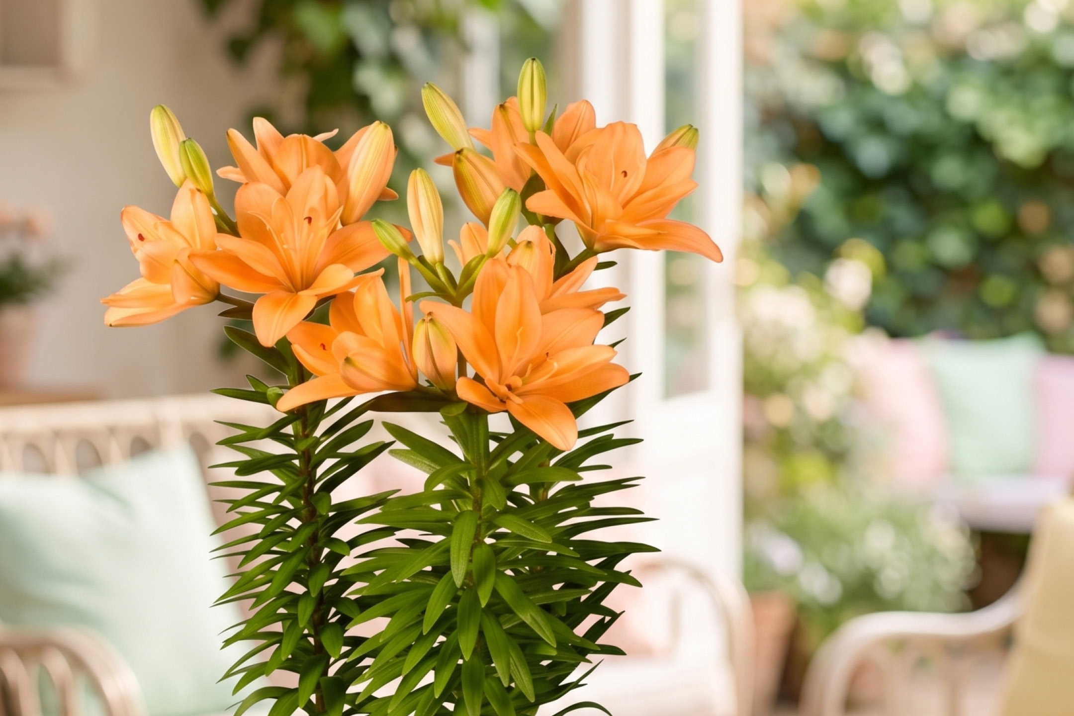 Vibrant orange lilies in full bloom, with green foliage, on a patio setting.