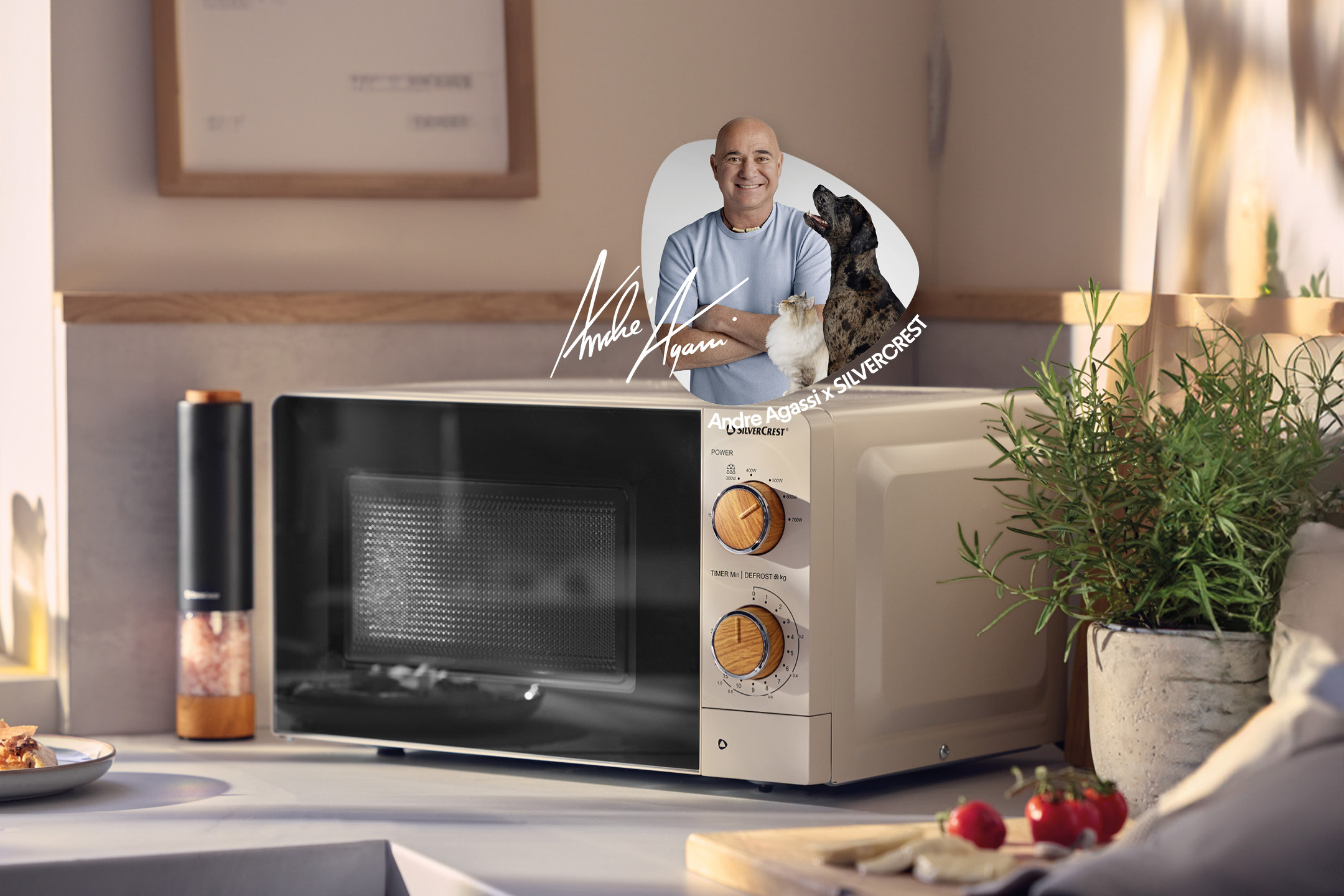 A beige microwave with wooden knobs on a kitchen counter, with a celebrity endorsement.
