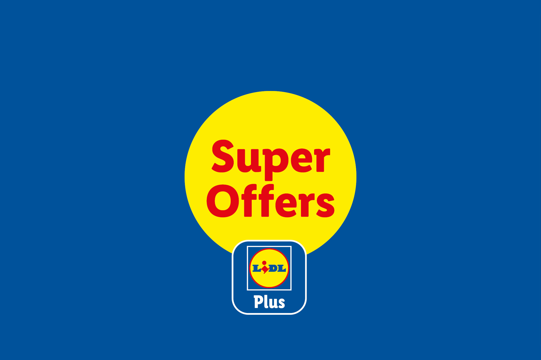 Blue background with a yellow circle featuring 'Super Offers' in red, and a 'Plus' logo below.