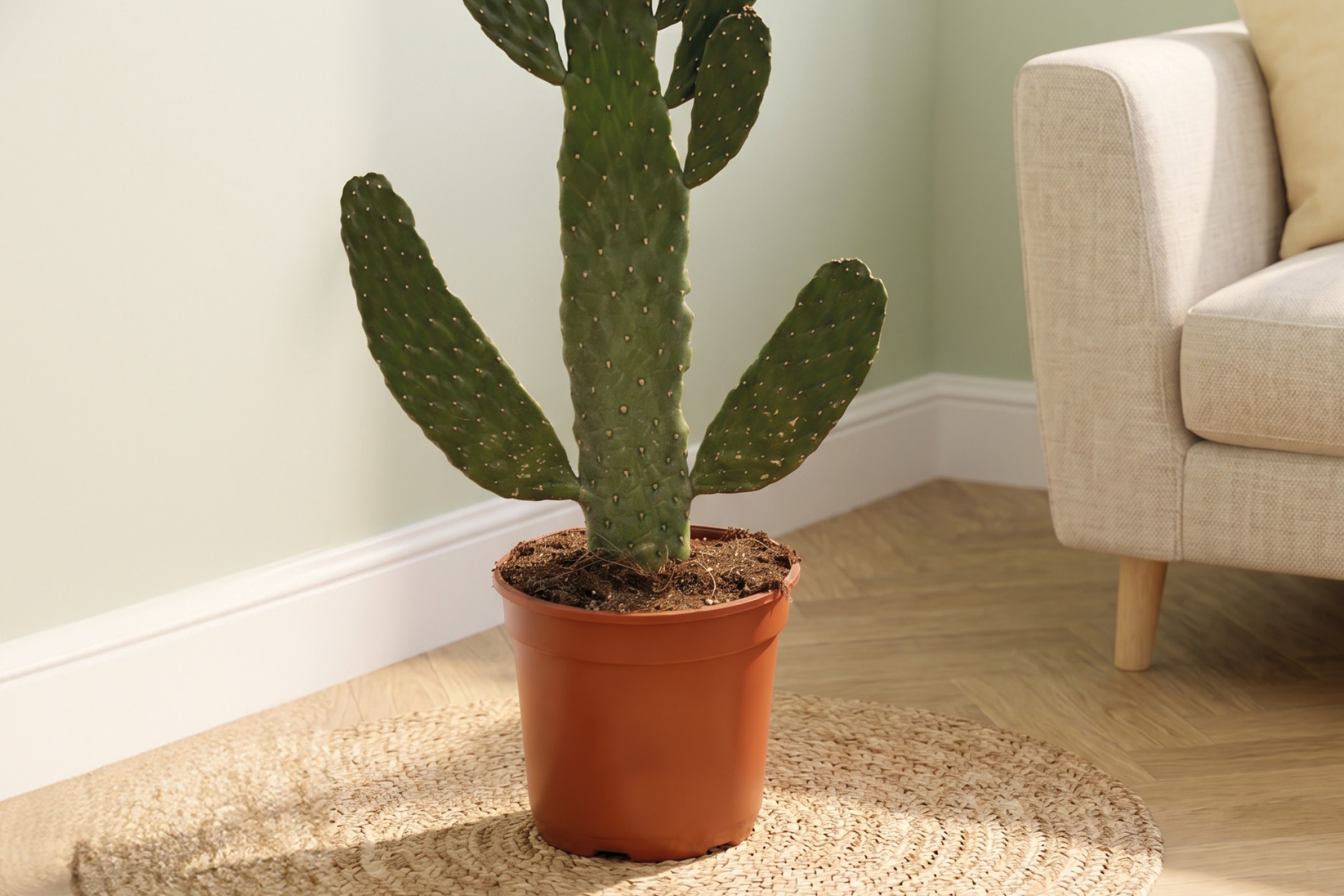 Potted prickly pear cactus on a woven mat next to a beige sofa.
