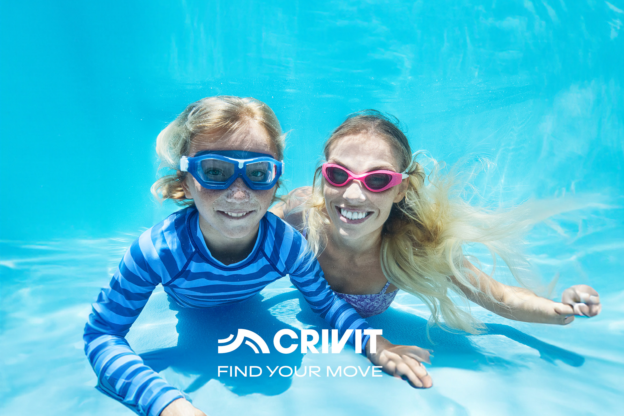 Two smiling women in swim goggles and swimwear underwater, with text 'FIND YOUR MOVE'.