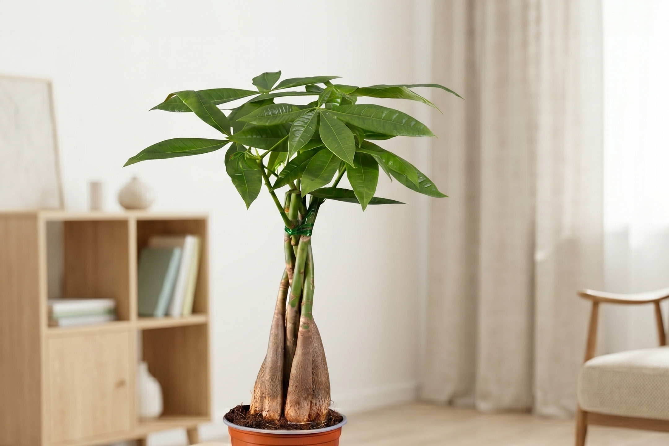Money tree plant in a pot, with a wooden cabinet and armchair in the background