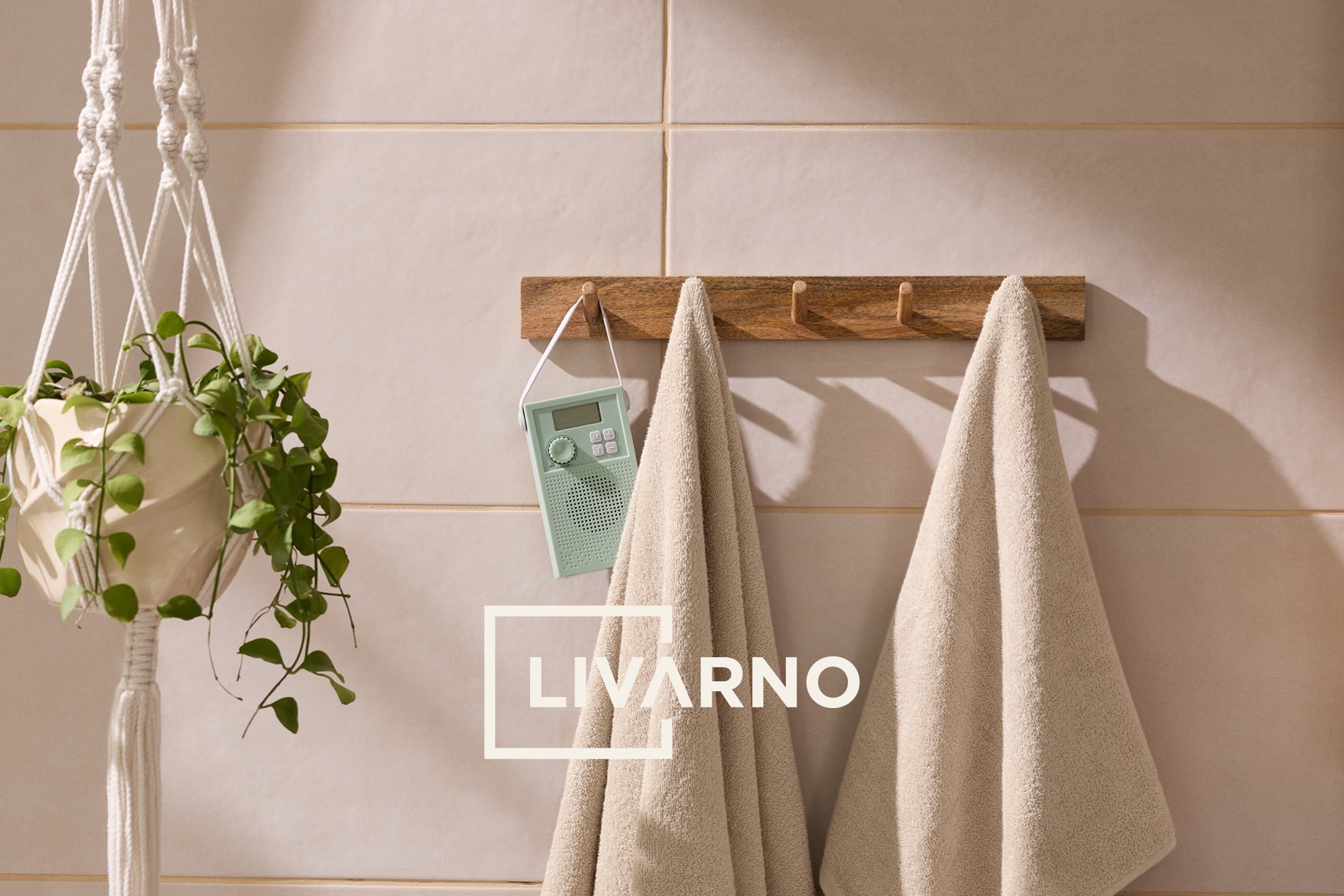 Hanging plant, shower radio, and towels on a wooden rack in a bathroom.