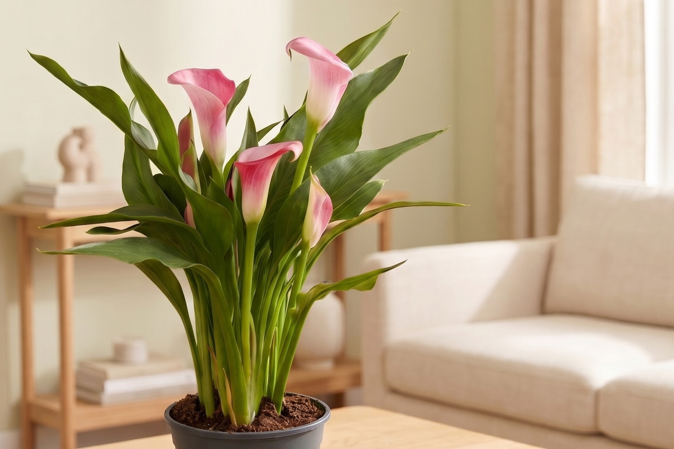Pink calla lily plant in a pot on a table in a living room.