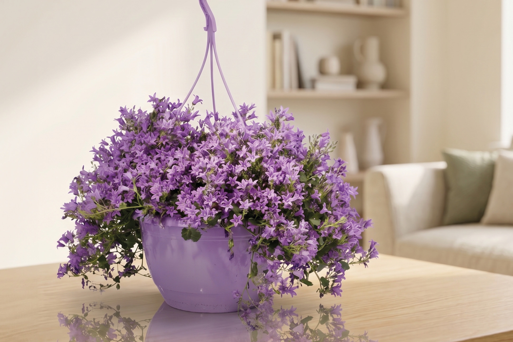 Purple bellflowers in a hanging pot on a wooden table in a living room.