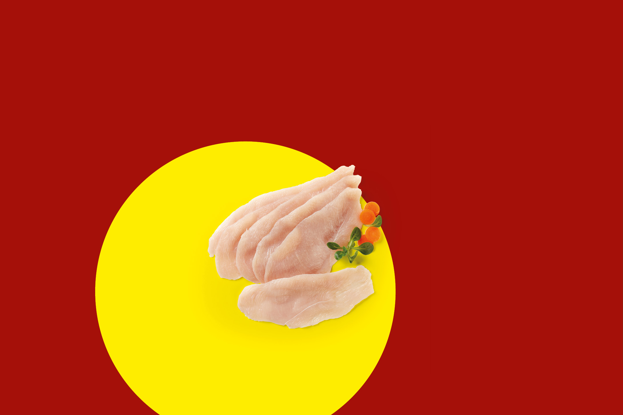 Raw chicken breast fillets with herbs and orange berries on a yellow circle, against a red background.