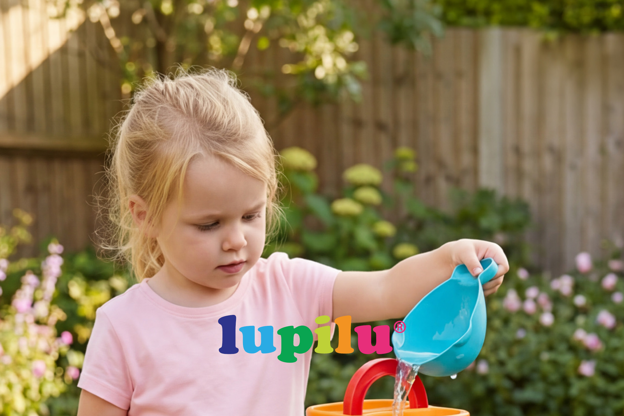 Young child playing with a watering can and bucket in a garden.