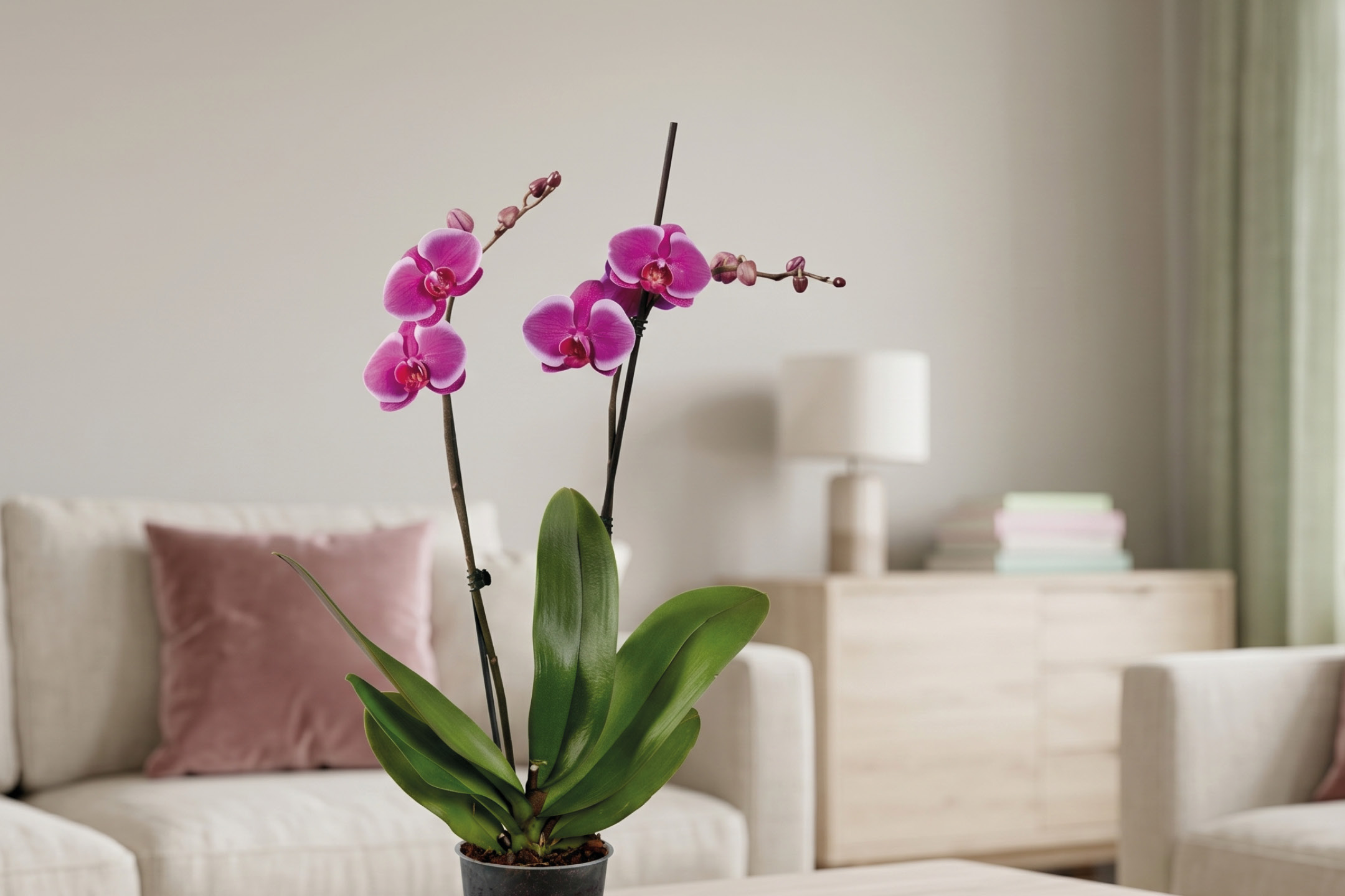 Pink orchid in a pot on a coffee table in a living room with a sofa and cabinet.