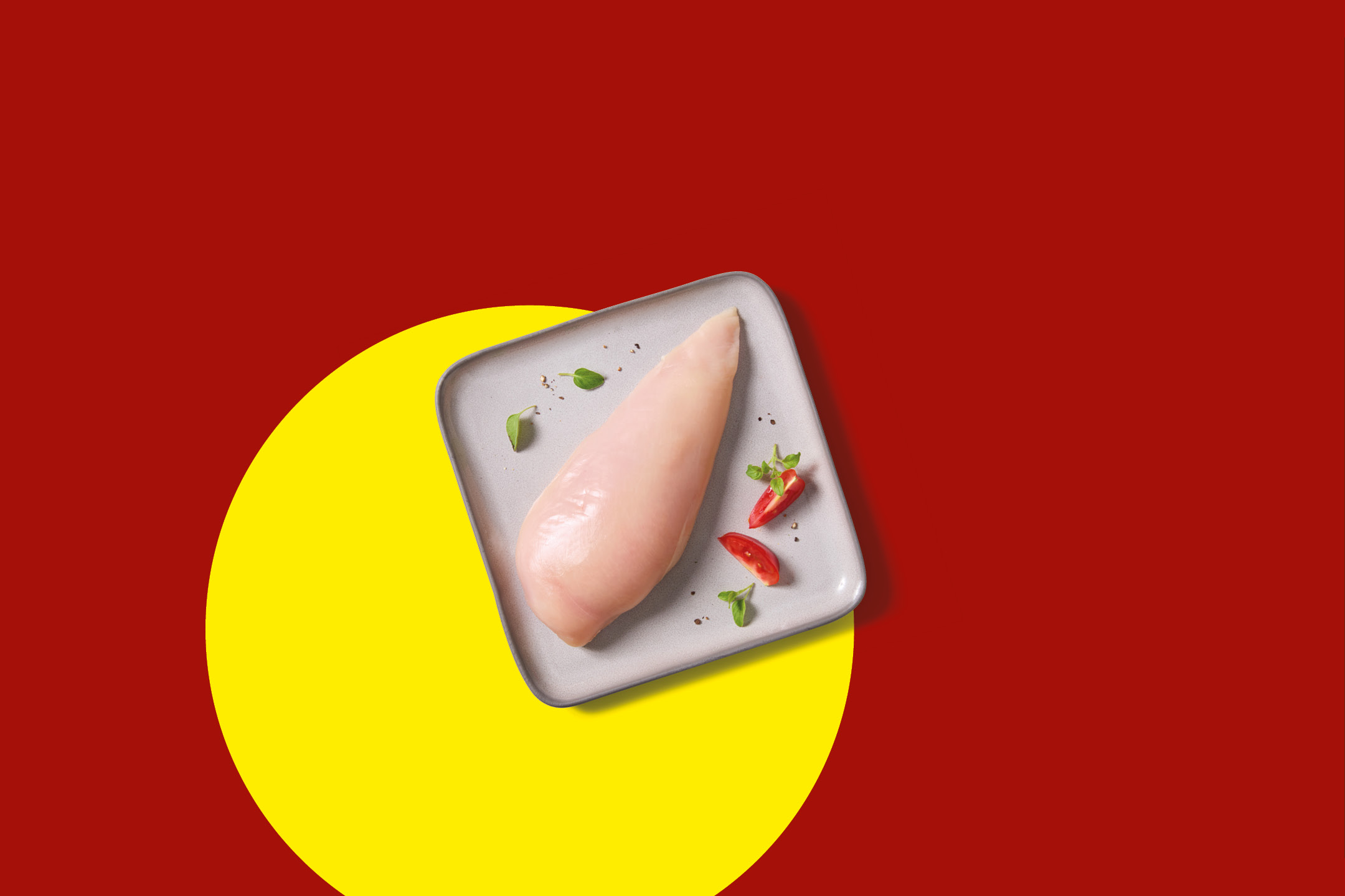 Raw chicken breast on a grey plate with herbs and chili, on a red and yellow background.