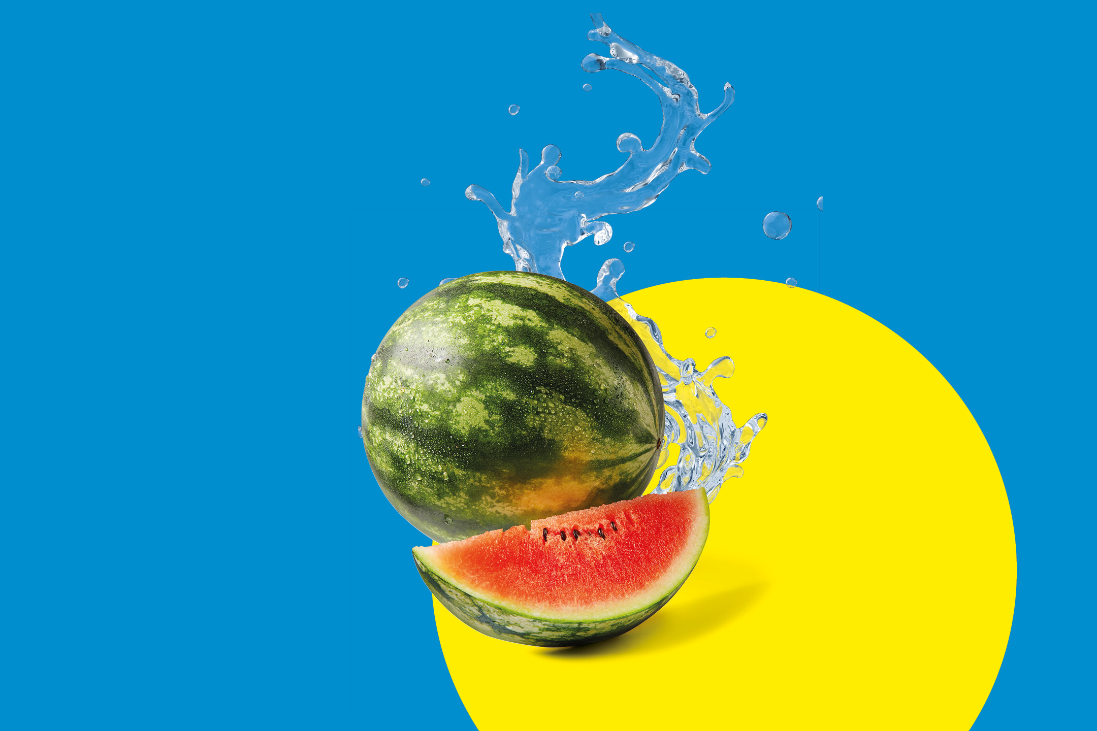 Whole and sliced watermelon with water splashes on a blue and yellow background.