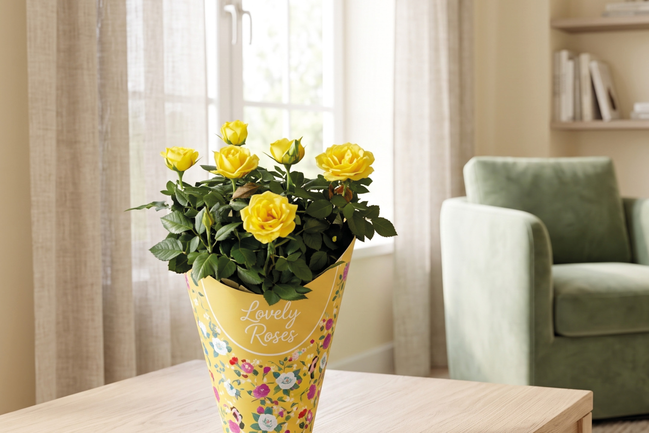 Yellow potted roses in a decorative wrapper on a wooden table in a living room.