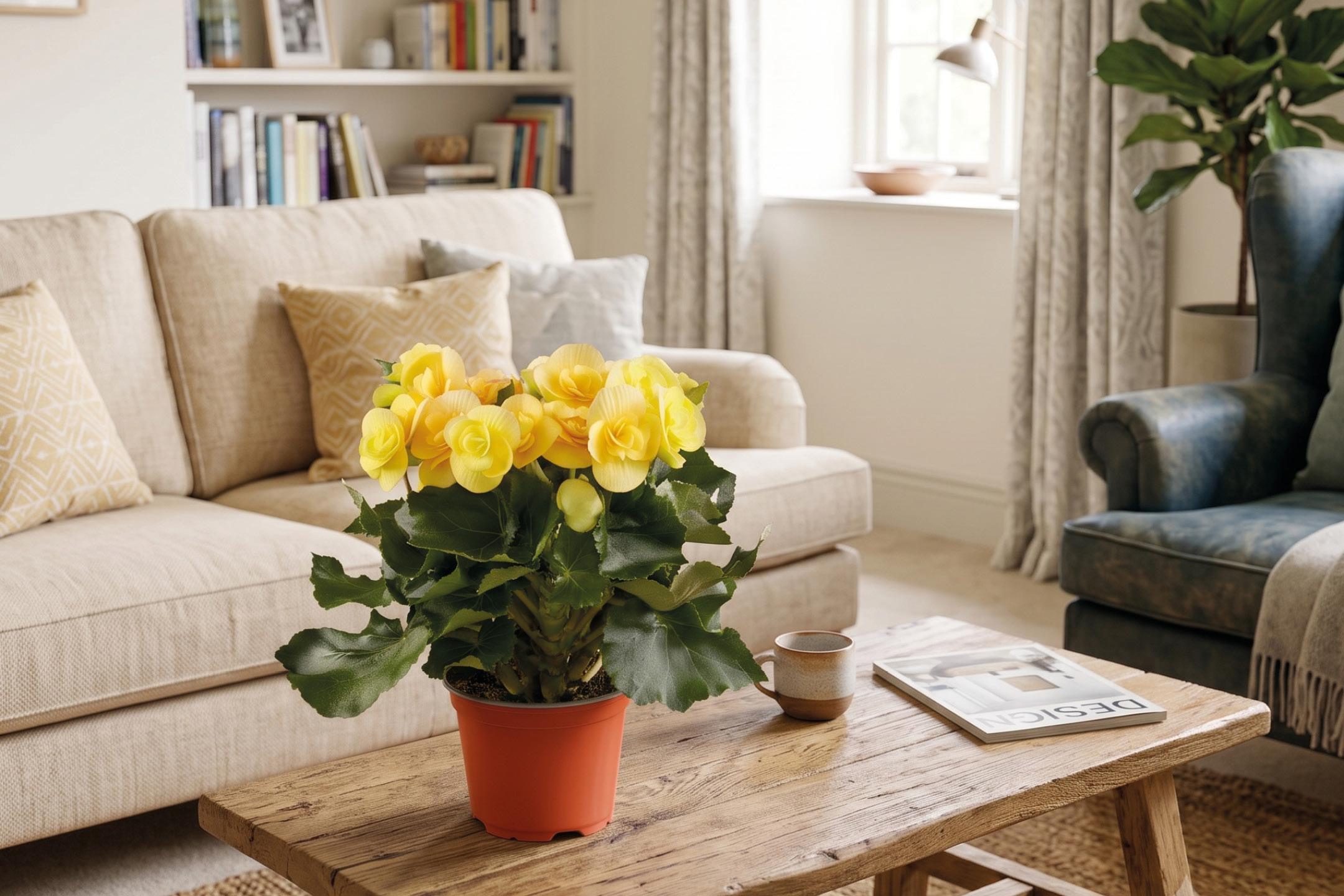 Yellow begonia plant on a coffee table in a living room with sofas.