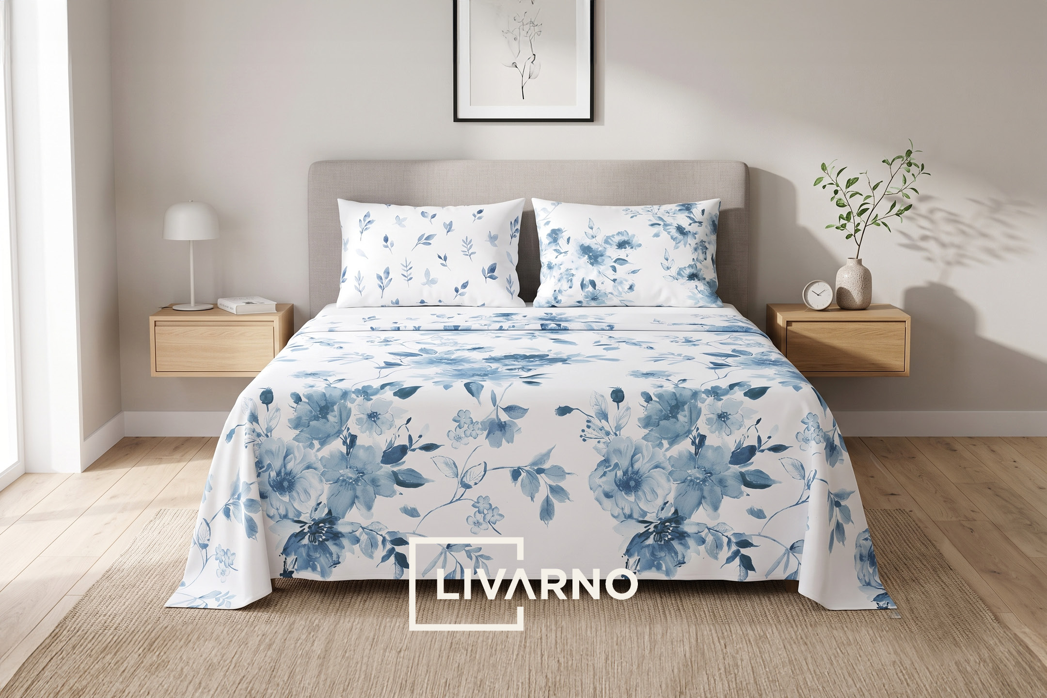 Bedroom with white and blue floral bedding, two wooden nightstands, and lamps.