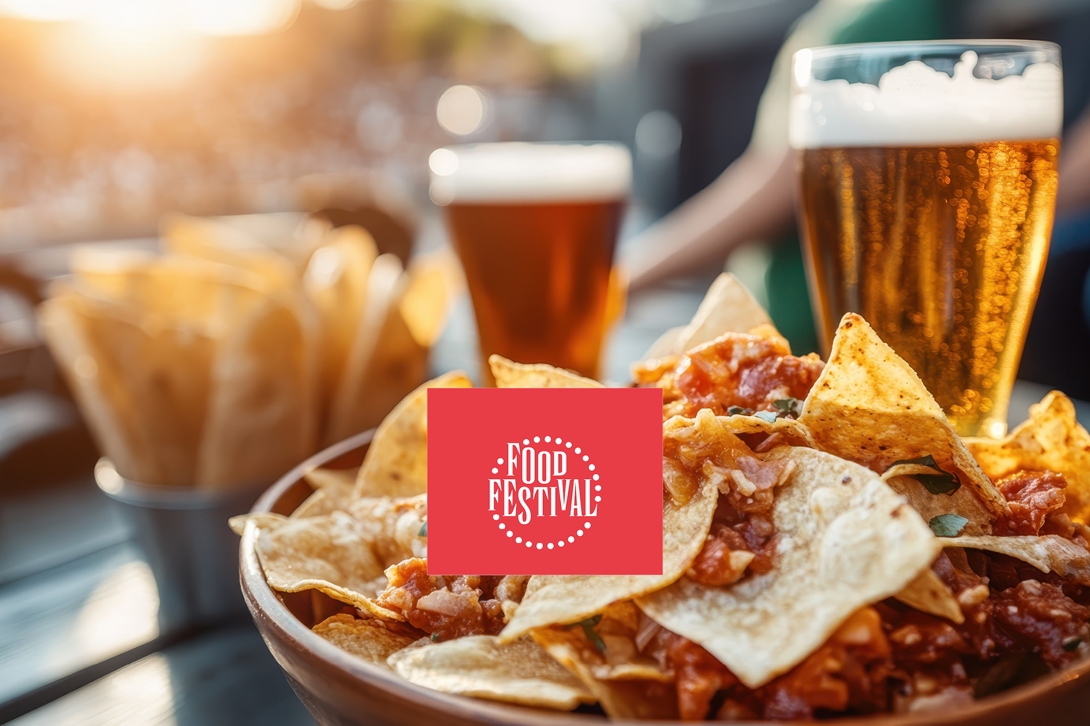 Nachos with salsa and cheese, beer glasses, and a 'Food Festival' logo.