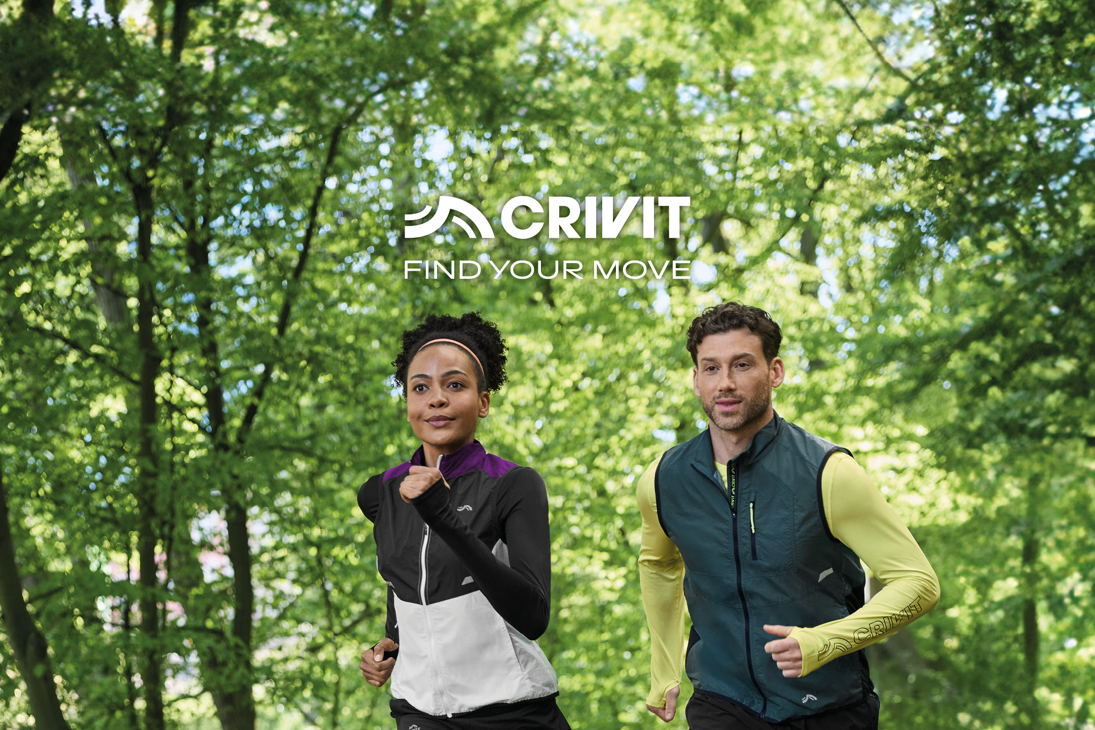 Two people in activewear running outdoors, with text 'FIND YOUR MOVE'.