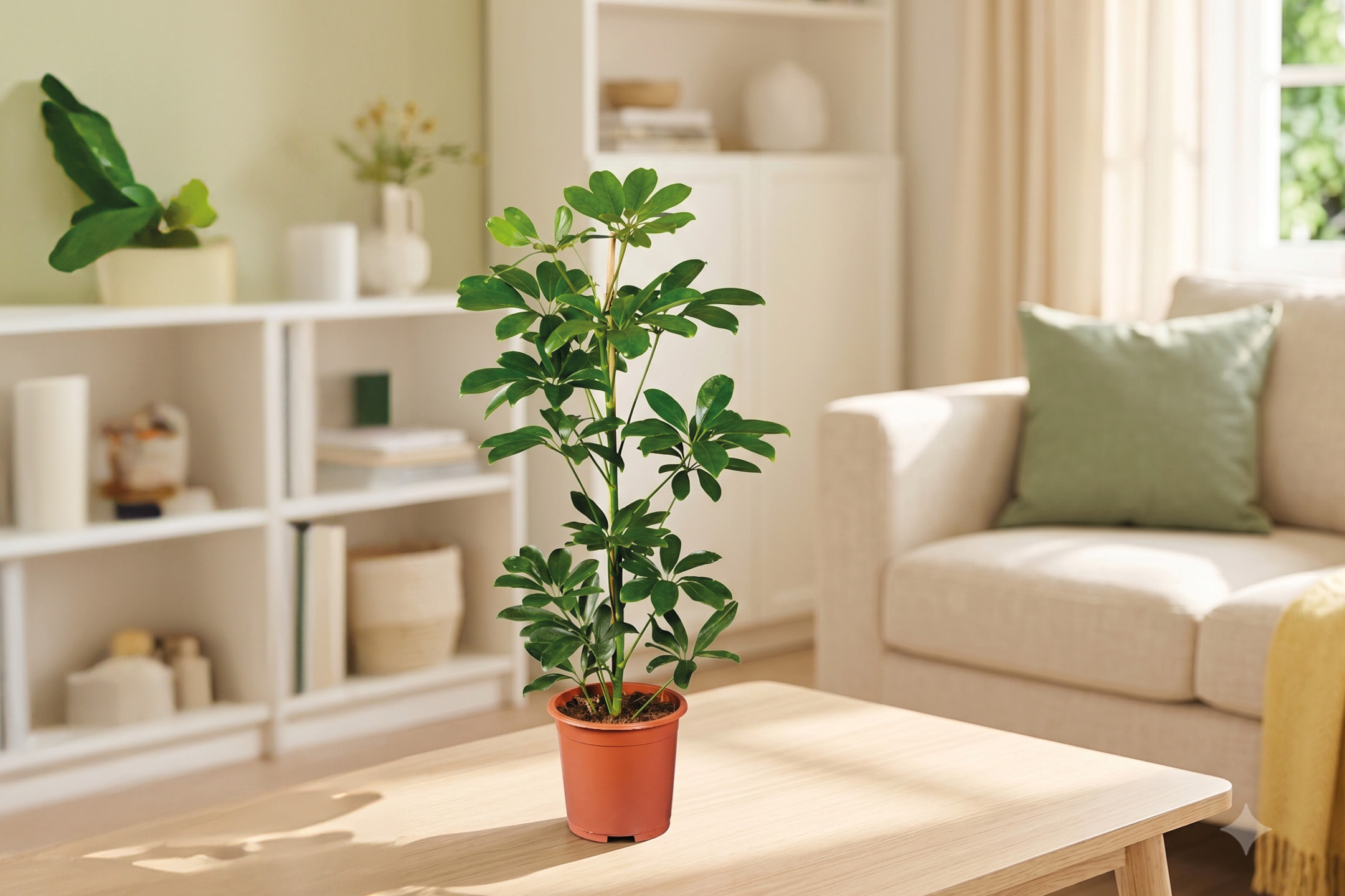 Potted plant on a wooden coffee table in a living room with a sofa and bookshelf.