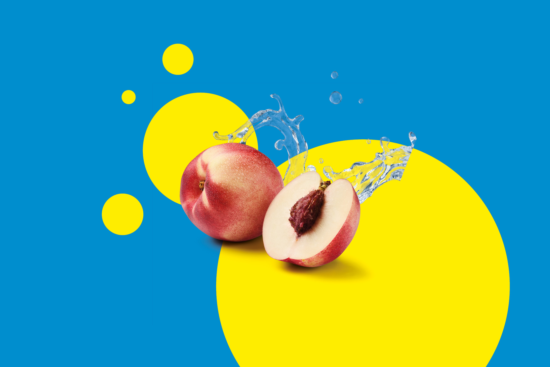 Fresh nectarines with water splashes on a blue and yellow background.