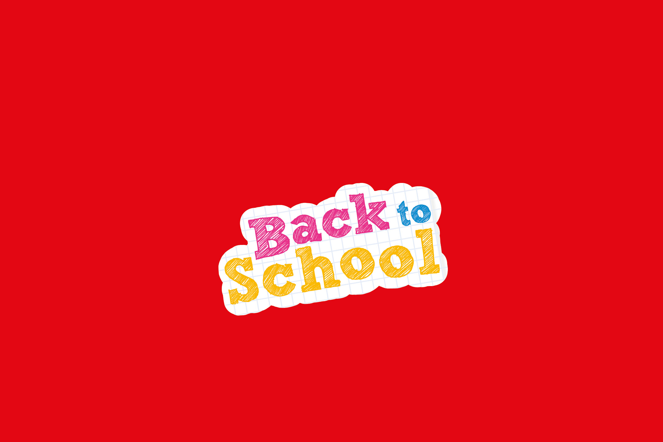 Back to School text in colorful, scribbled letters on a red background.