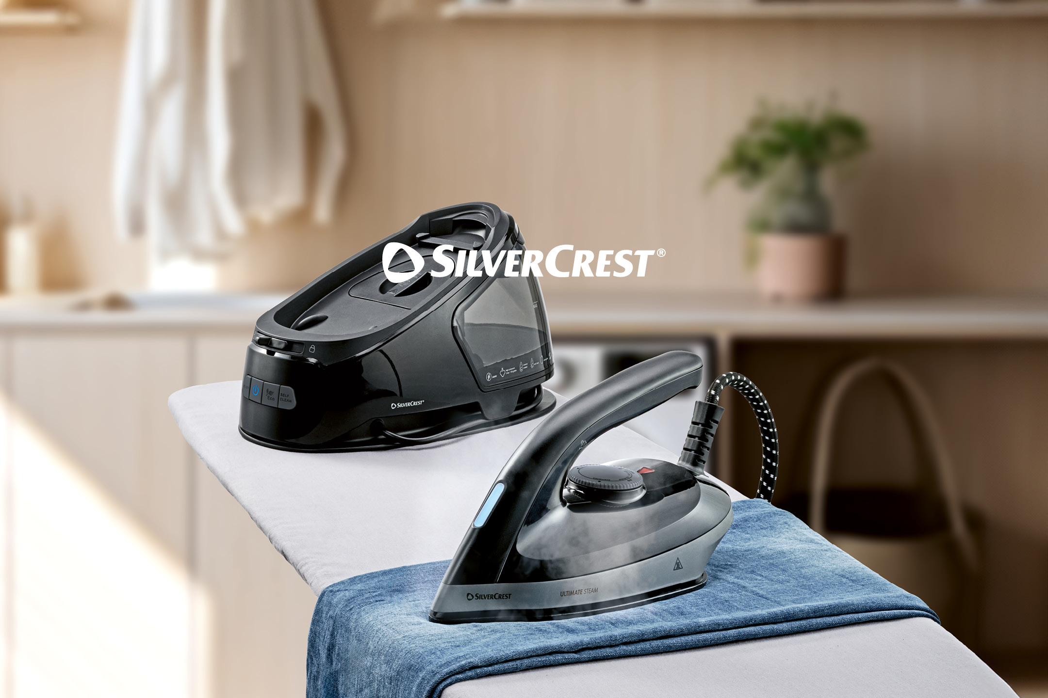 Steam generator iron and iron on an ironing board with a blue garment.