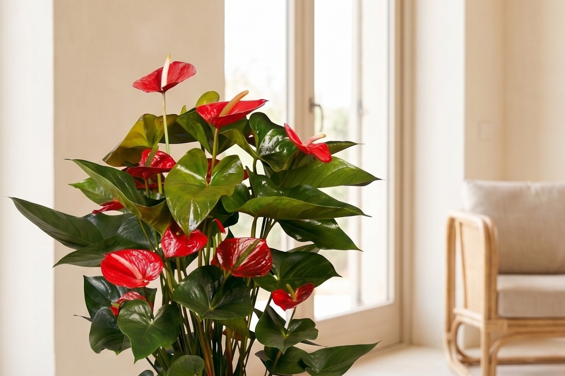Vibrant red anthurium plant in a bright room with a rattan armchair.