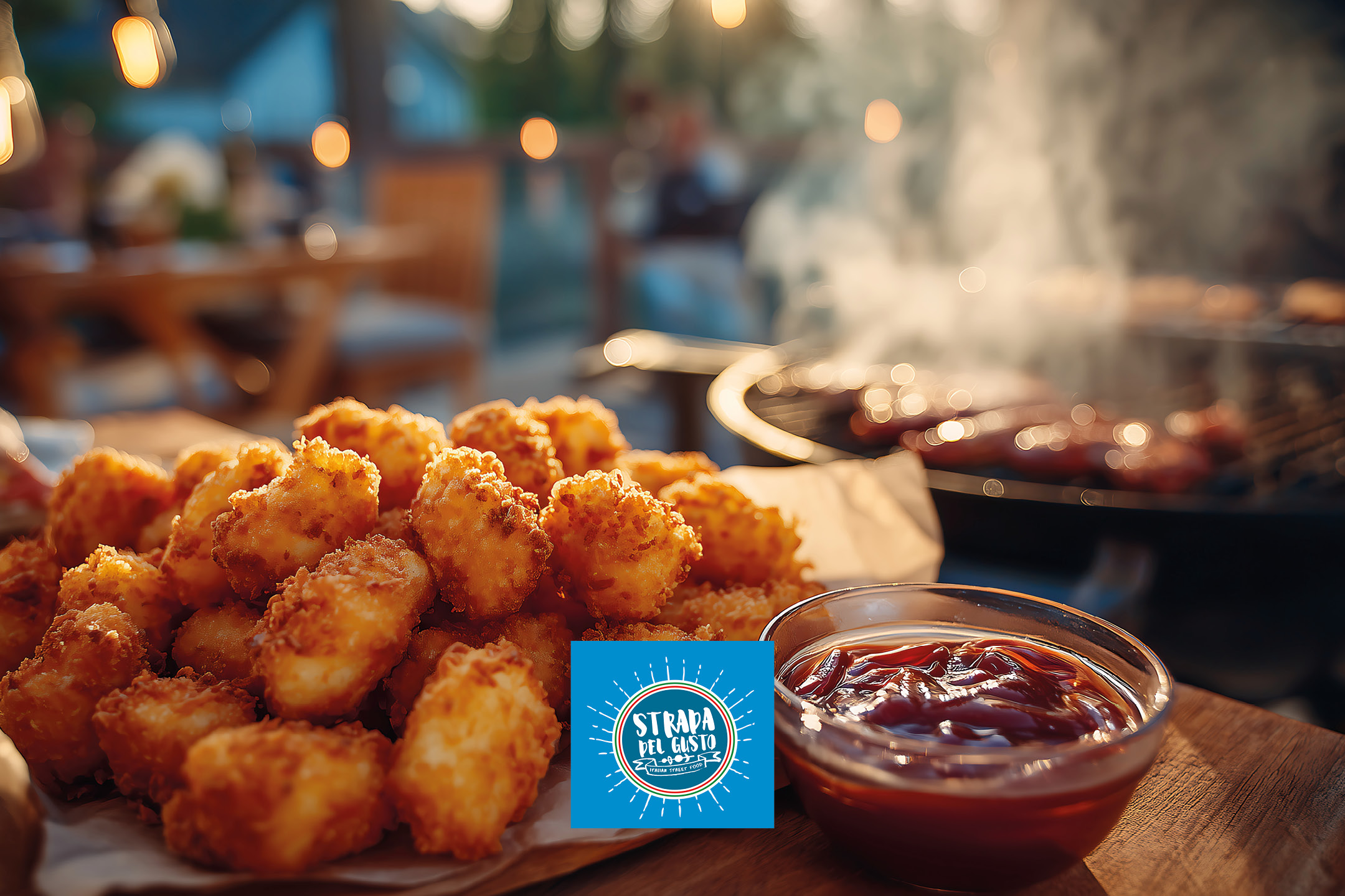 Crispy fried snacks with a bowl of dipping sauce, and a grill in the background.