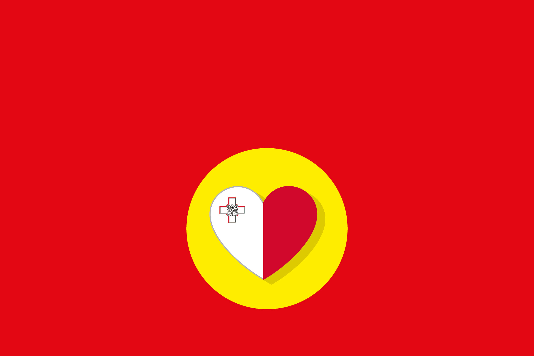 A red banner featuring a yellow circle with a heart-shaped flag of Malta inside.