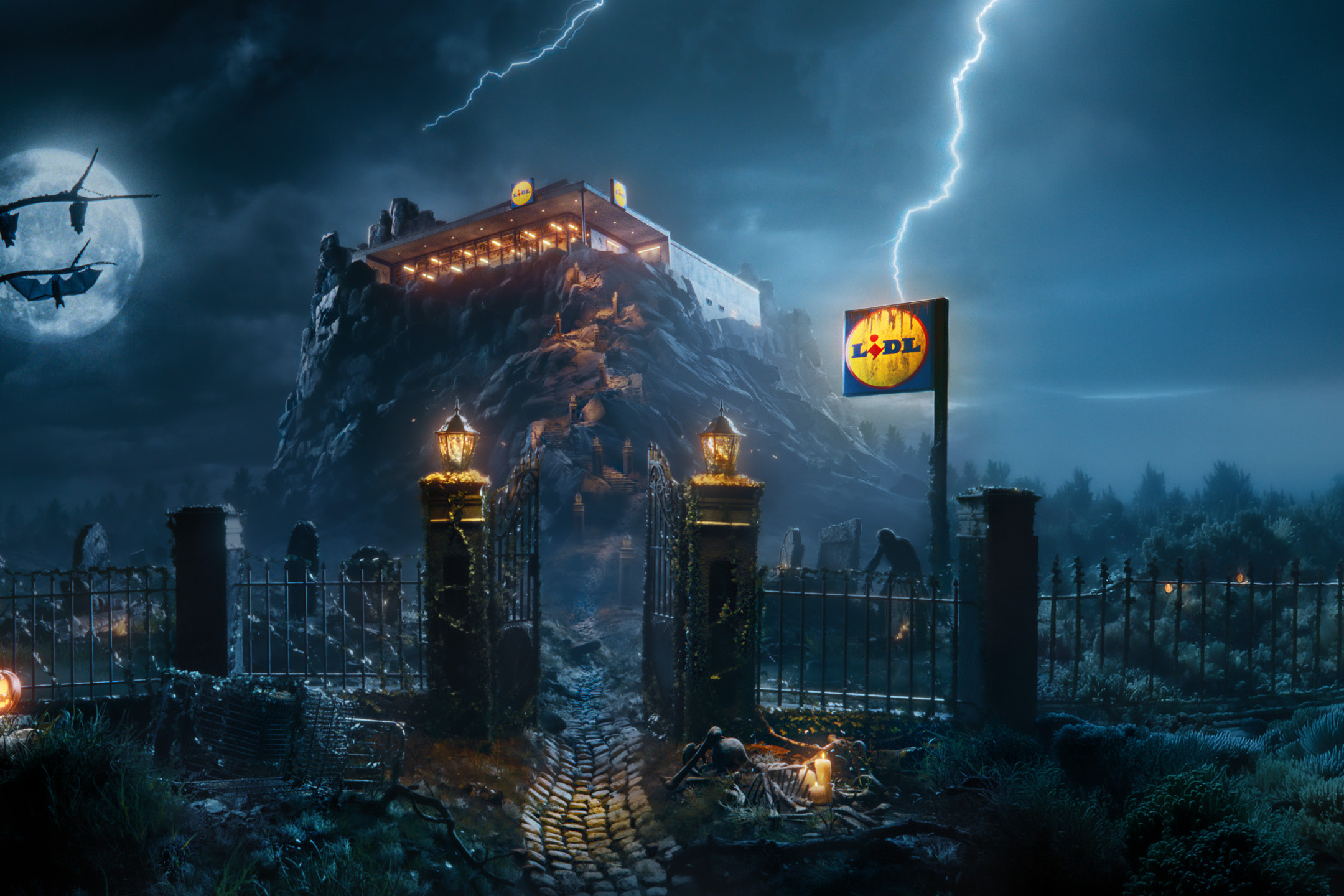 Spooky supermarket on a dark hill with Halloween pumpkins, bats, and lightning.