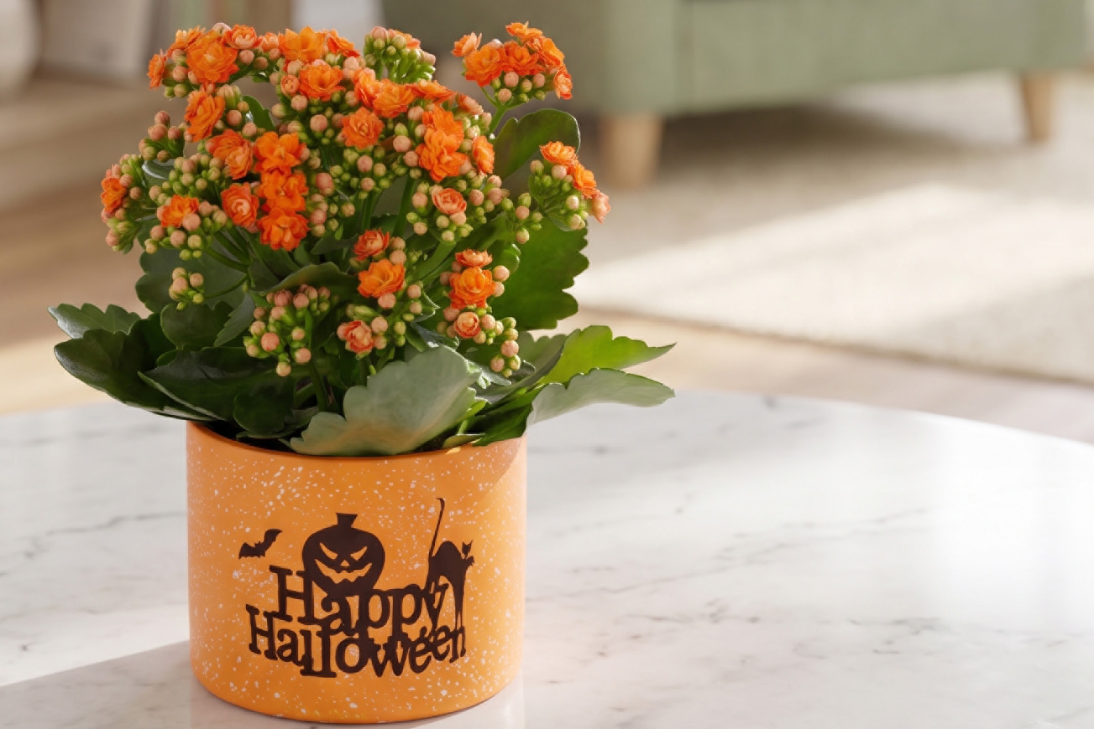An orange flowering kalanchoe plant in a pot on a table.