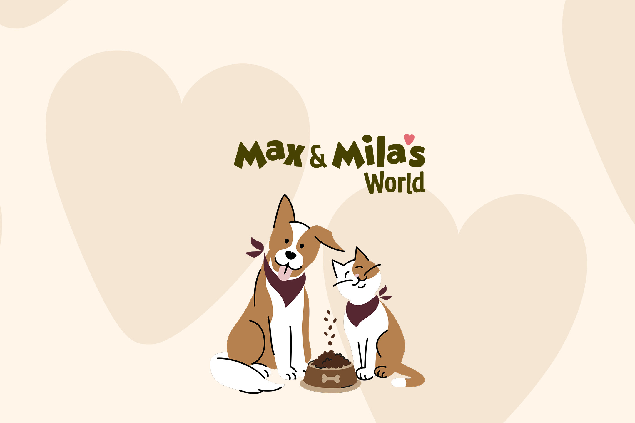 Cute dog and cat illustration with text Max & Mila's World on a heart-patterned background.