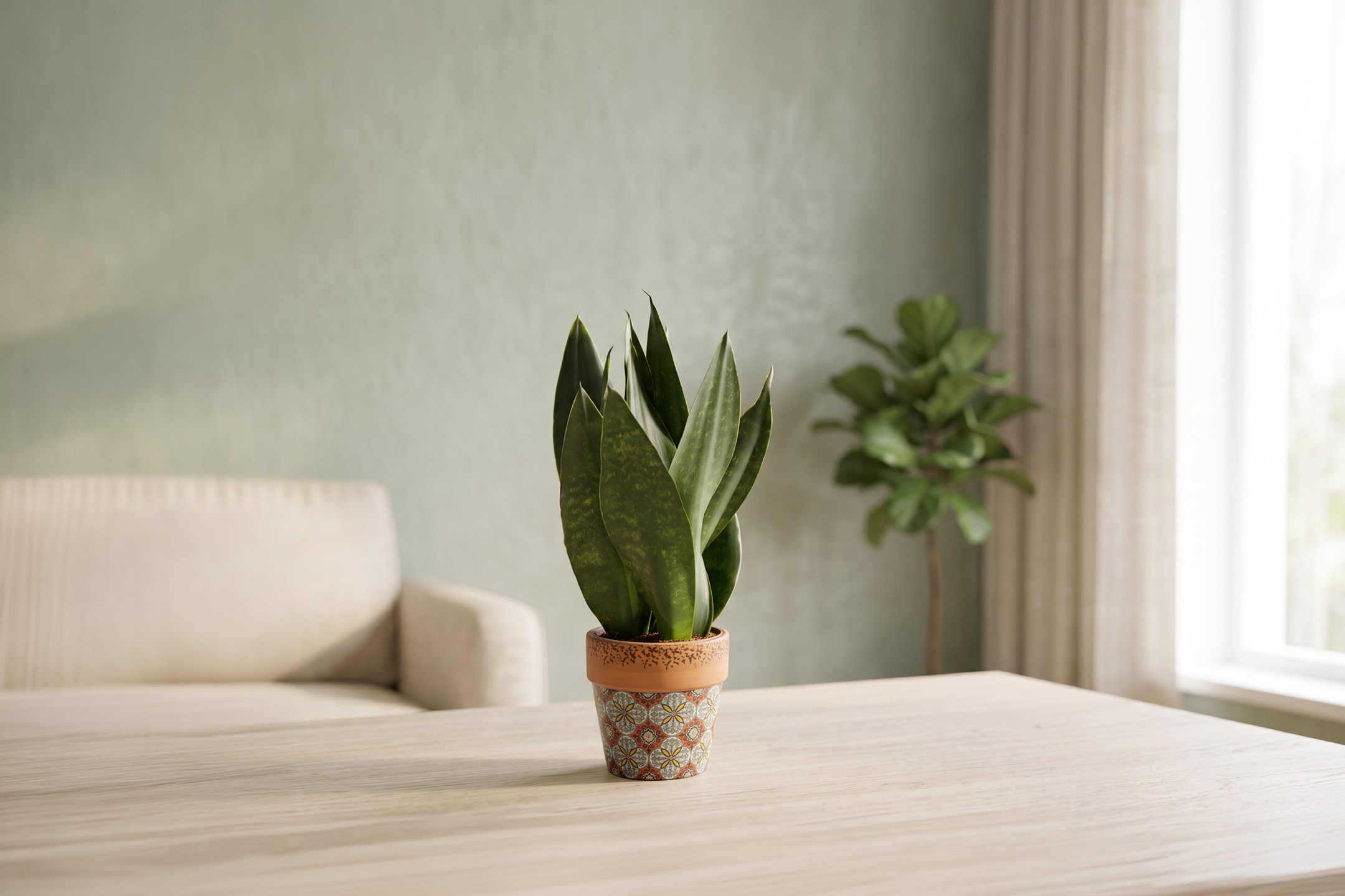 A green snake plant in a terracotta pot on a table in a modern living room.