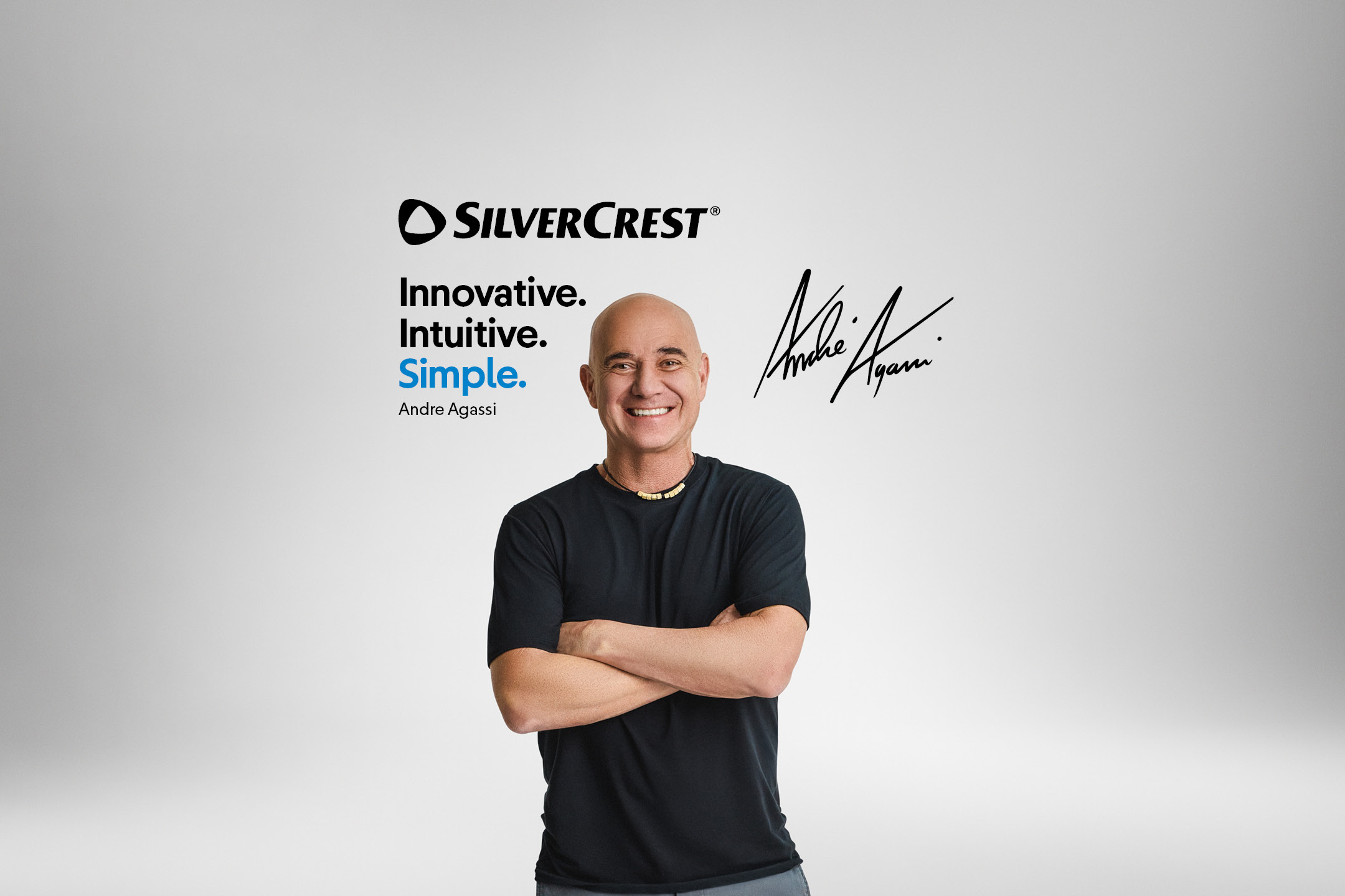 A smiling man with crossed arms next to the text: Innovative. Intuitive. Simple.