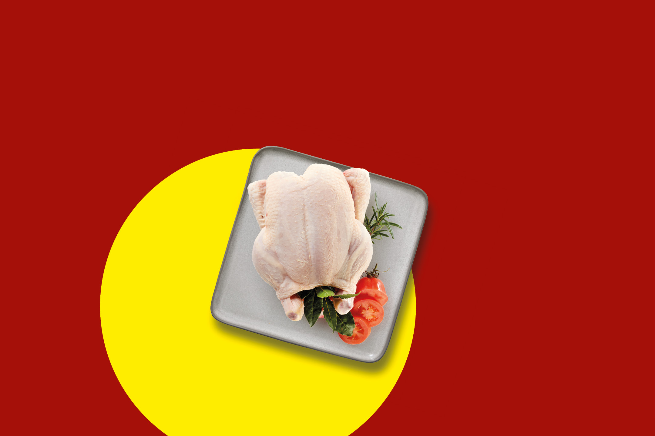 A whole raw chicken on a plate with herbs and tomatoes, set against a red and yellow background.